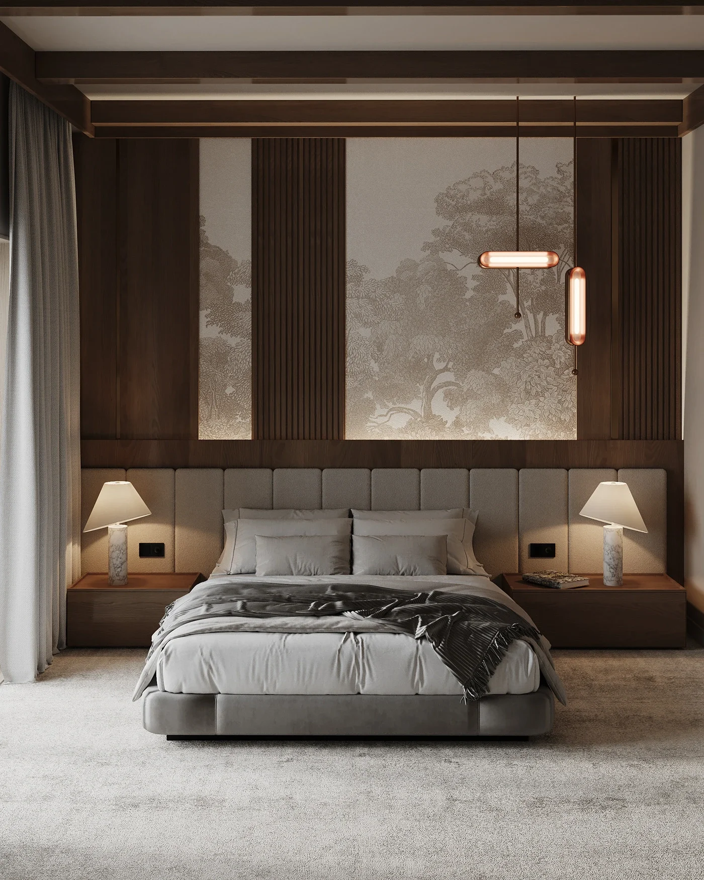 Design interior dormitor matrimonial cu panouri decorative din lemn și iluminat ambiental.