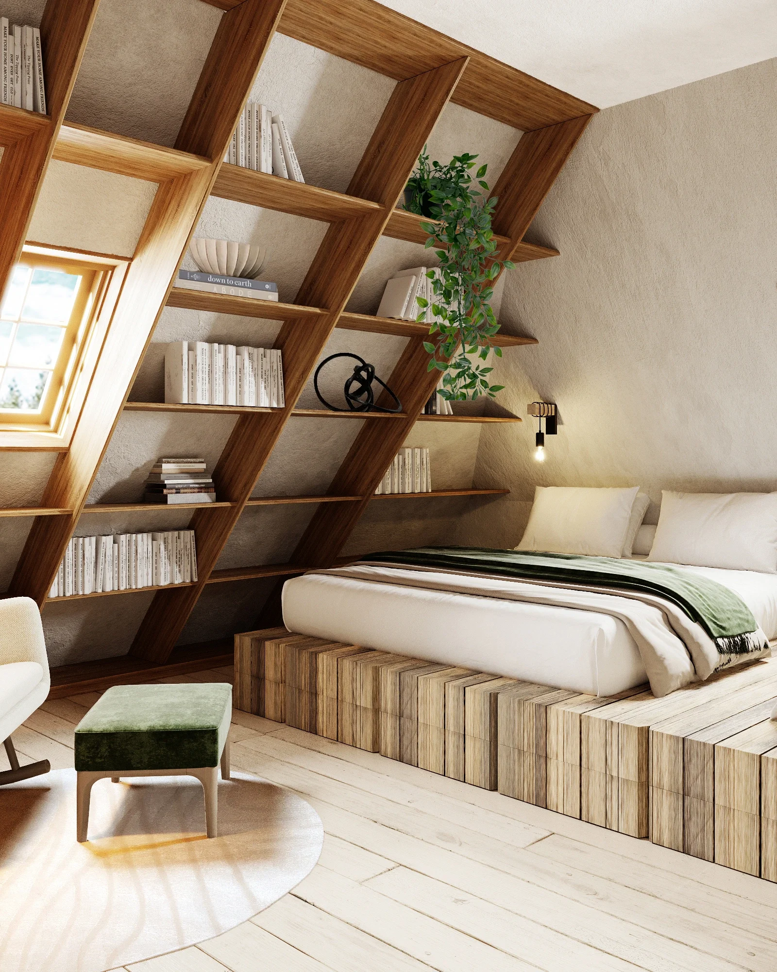 Dormitor luminos cu mobilier din lemn masiv și design interior rustic modern pentru casă tradițională