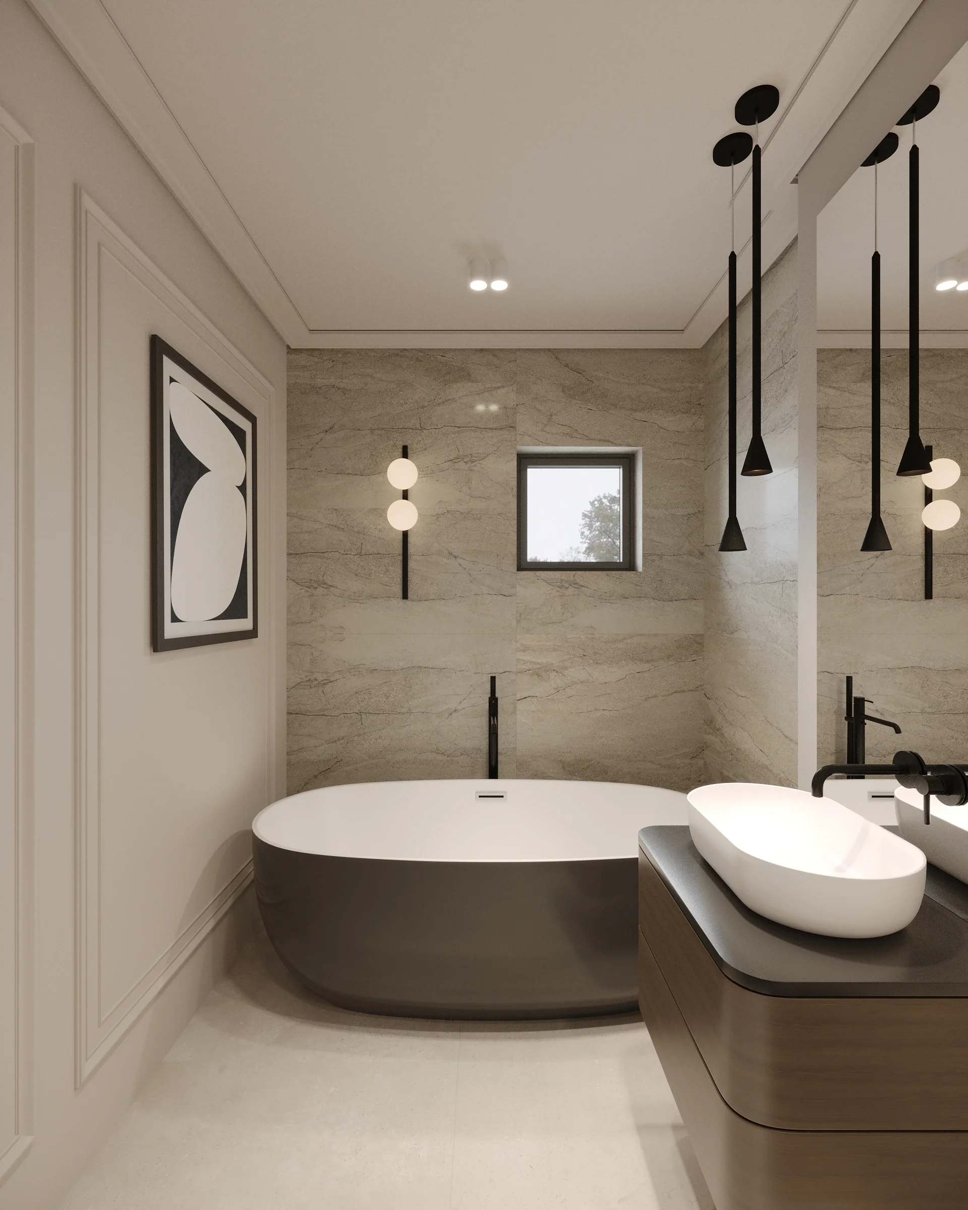 Design interior baie matrimoniala Cluj - cadă freestanding și finisaje neutre — amenajare contemporană ALTO Design