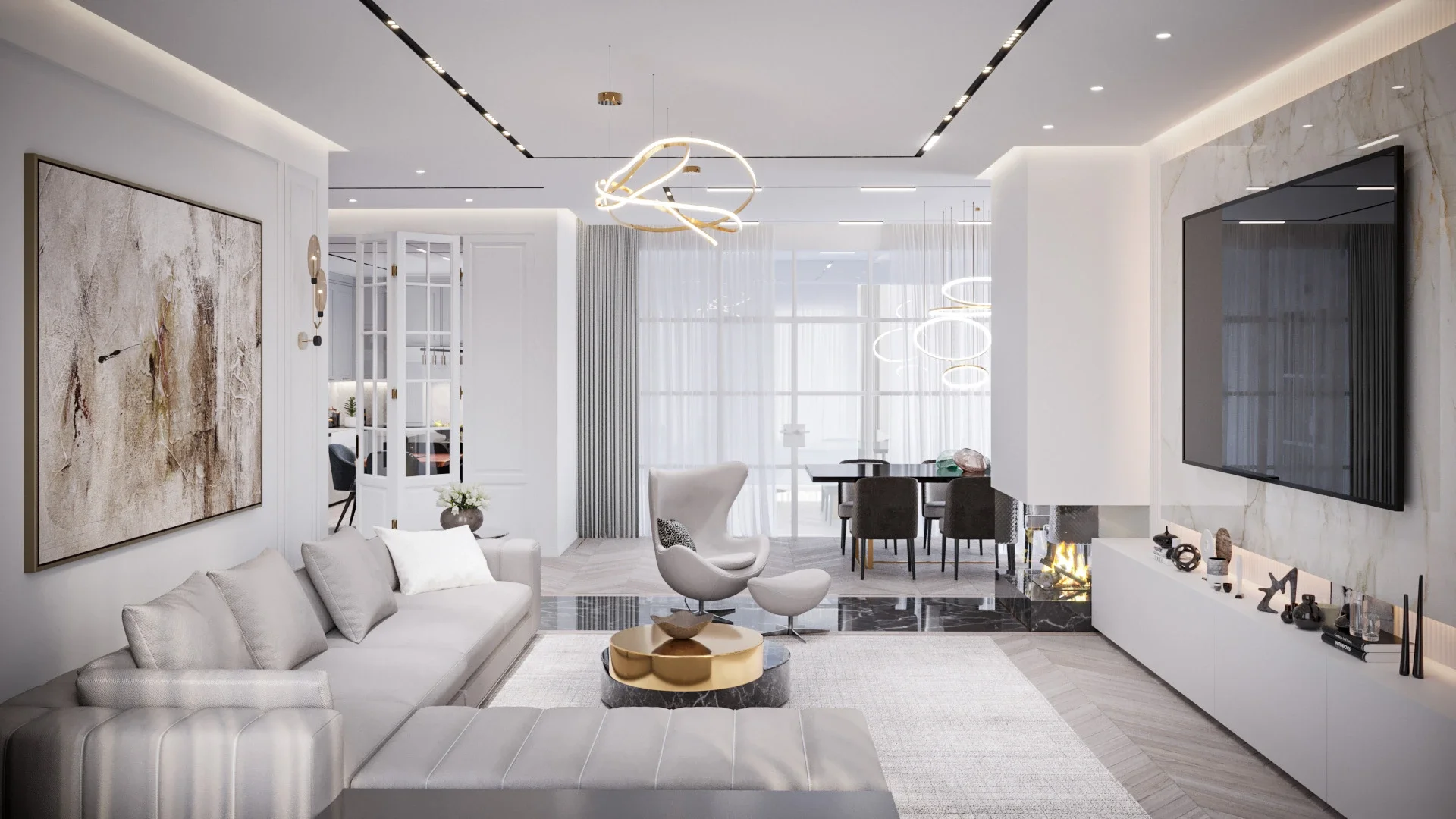 Amenajare living modern-clasic cu marmură, profile decorative și lumină naturală amplă