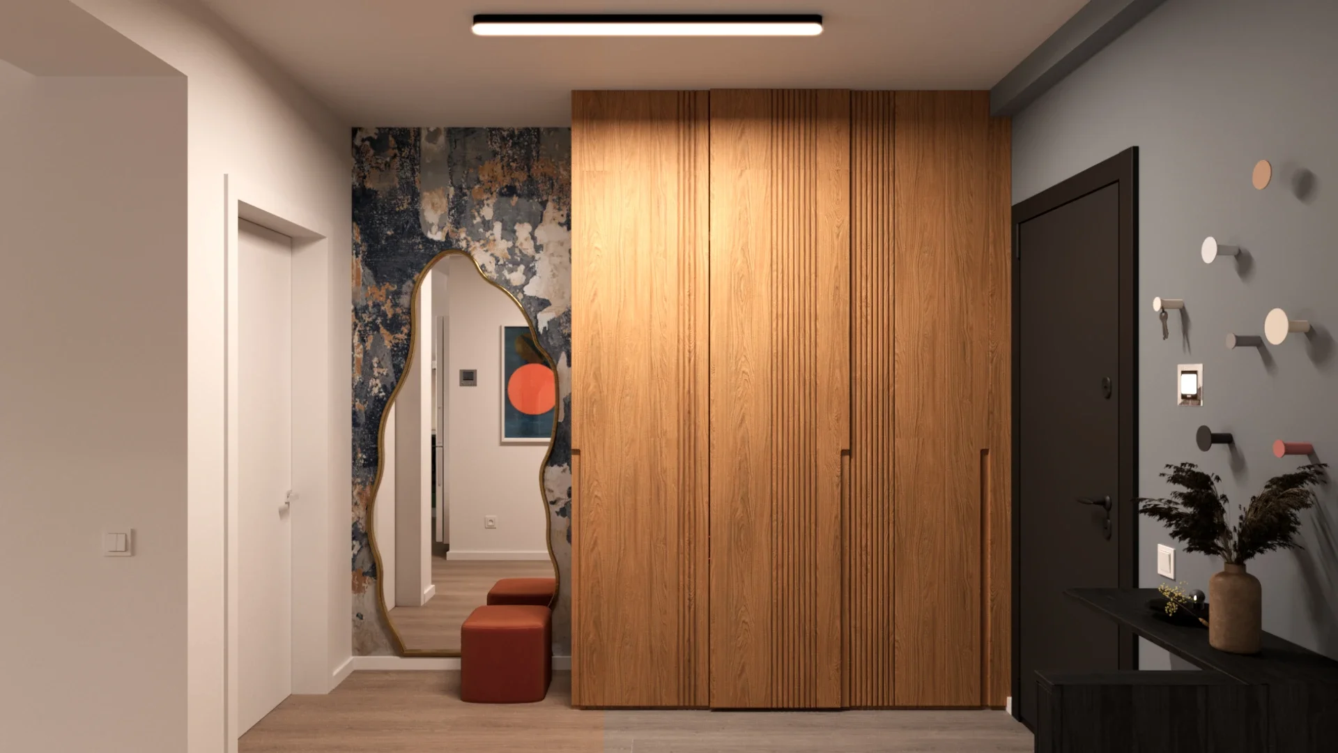 Hol modern cu spații de depozitare integrate și design contemporan elegant