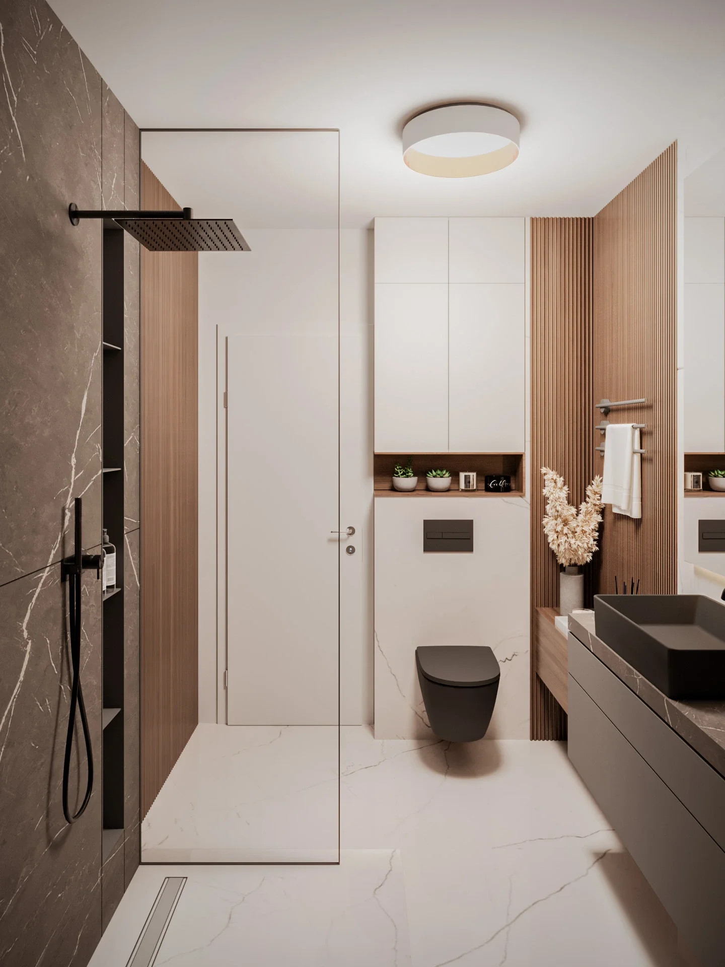 Baie elegantă cu accente din piatră naturală și atmosferă calmă contemporană