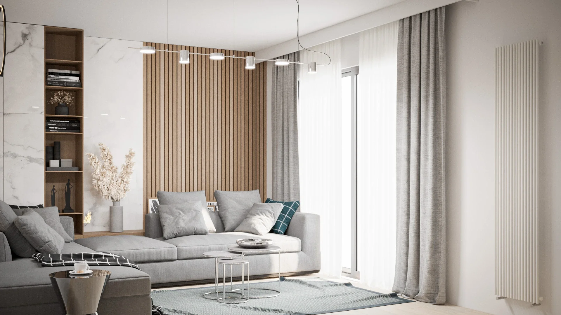 Living modern cu canapea modulară și accente din marmură și lemn