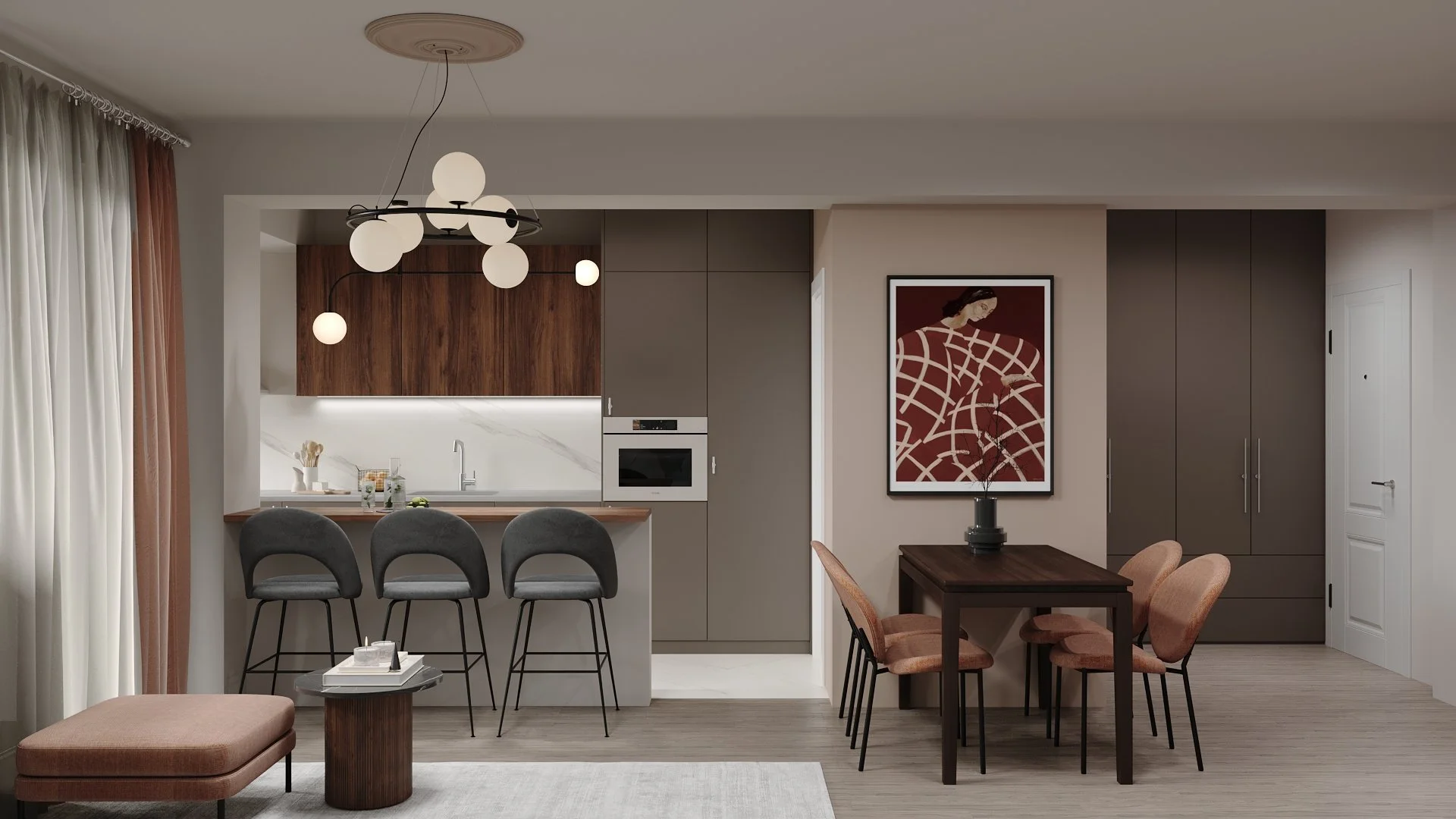 Design interior pentru apartament modern cu bucătărie open-space și estetică minimalistă — Cluj-Napoca