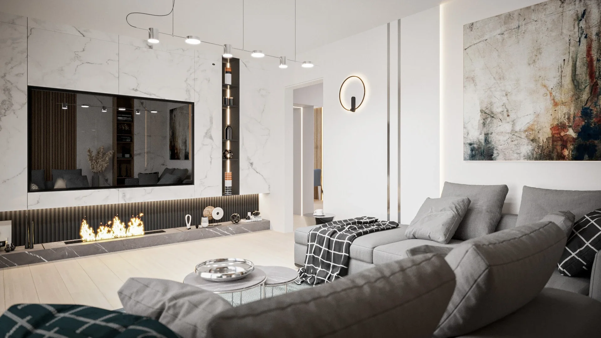 Living modern cu perete accent și iluminat ambiental integrat