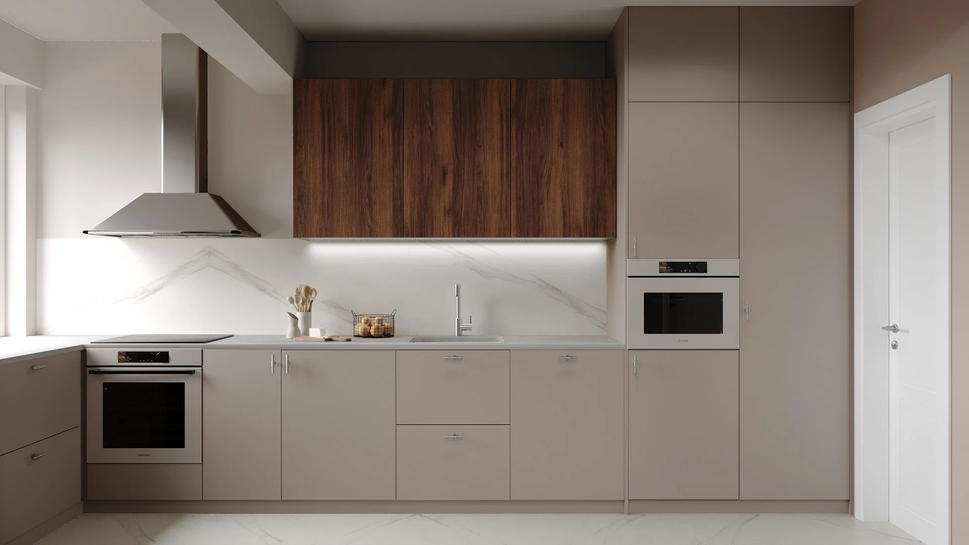 Design interior bucătărie minimalistă cu fronturi mate și blat din lemn natural — Apartament S.M. by ALTO Design