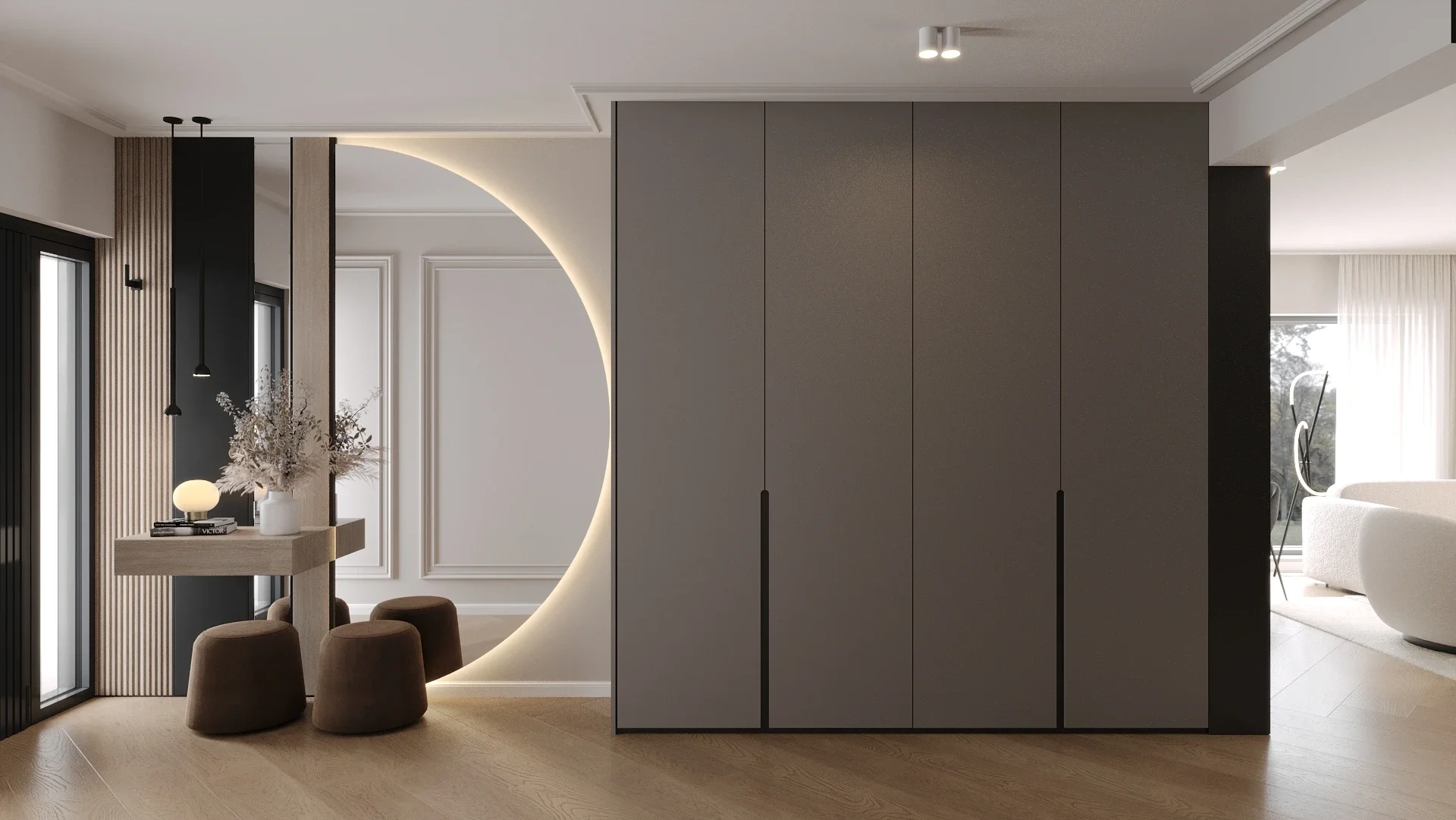 Hol contemporan cu oglindă LED semirotundă și dressing integrat — proiect design interior Cluj ALTO Design