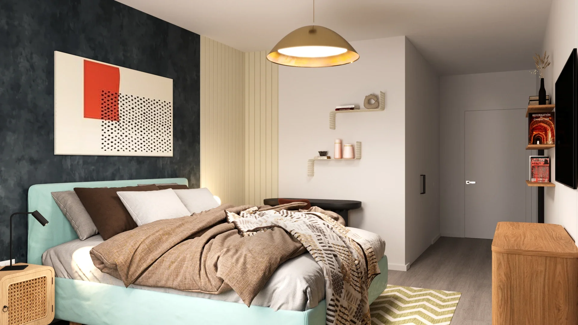 Interior modern de dormitor cu linii curate și confort urban sofisticat