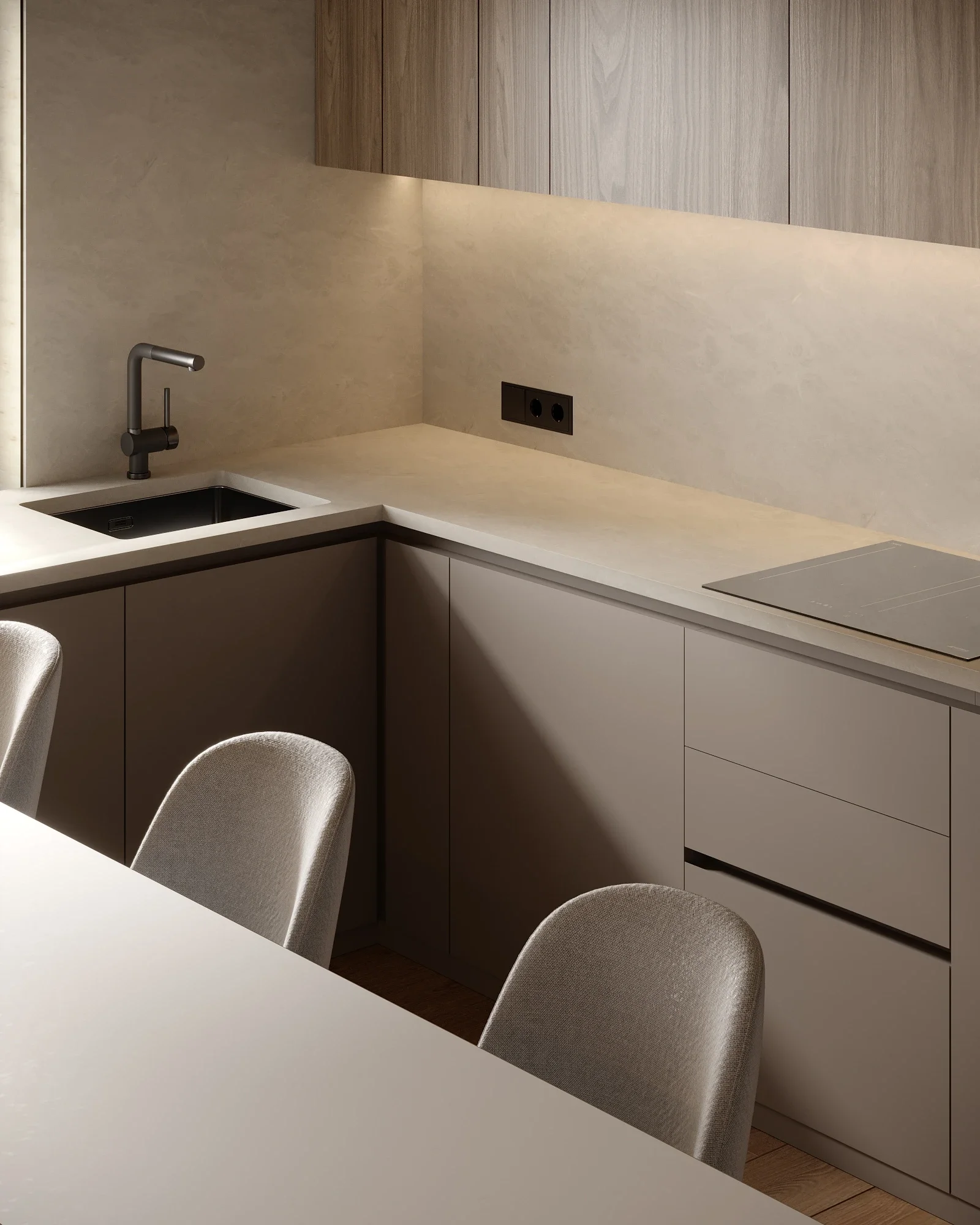 Design interior Cluj pentru bucătărie cu peninsulă și finisaje din lemn natural