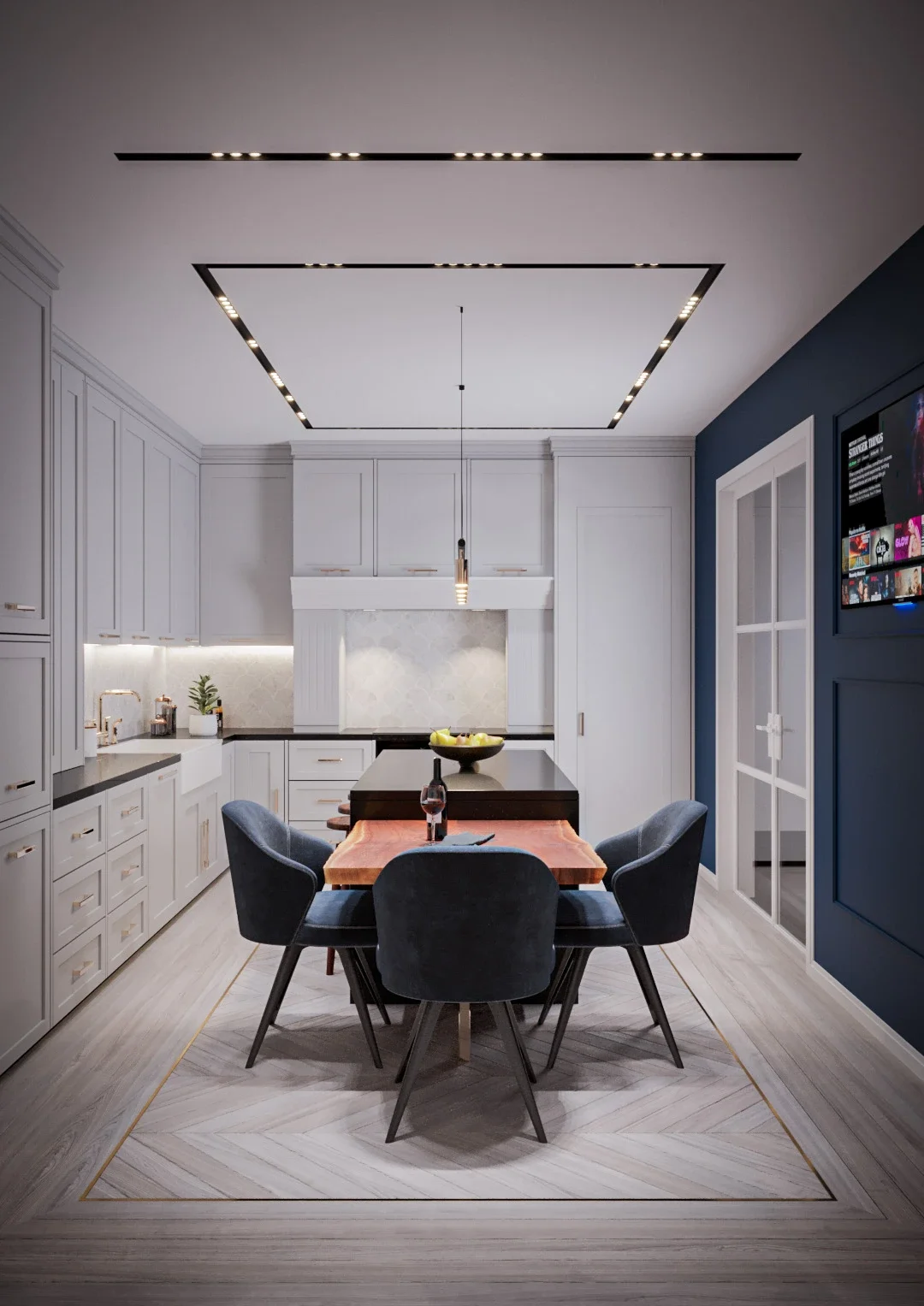 Design interior Cluj pentru casă neoclasică cu mobilier frezat și compoziții simetrice în bucătărie