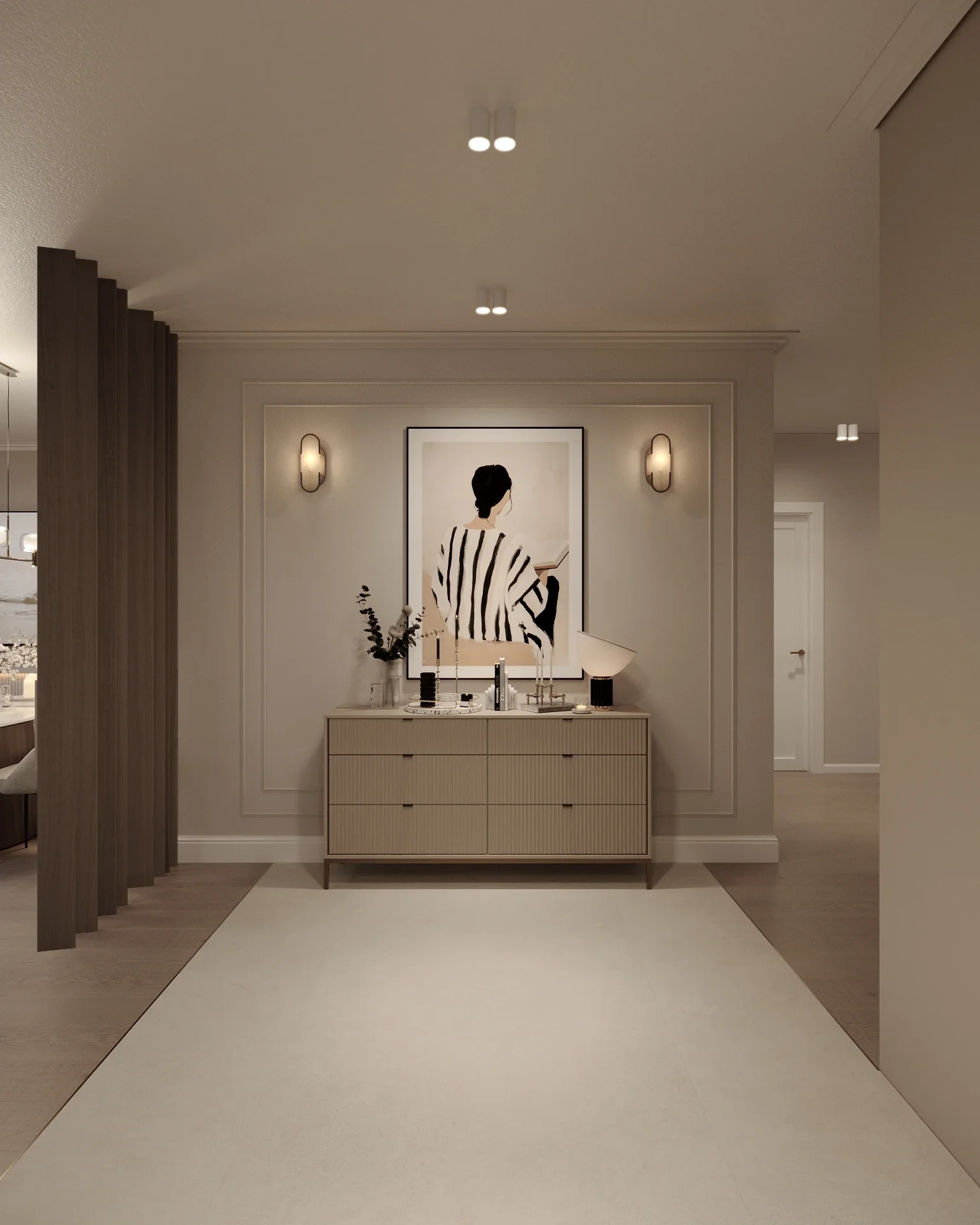 Coridor cu finisaje neutre și lumină naturală — proiect de design interior pentru casă contemporană în Dej
