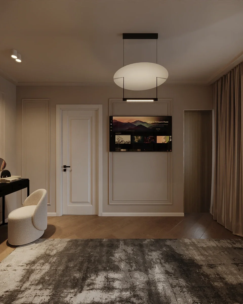 Design interior Dormitor master cu TV integrat și iluminat indirect, realizat de designeri de interior Cluj