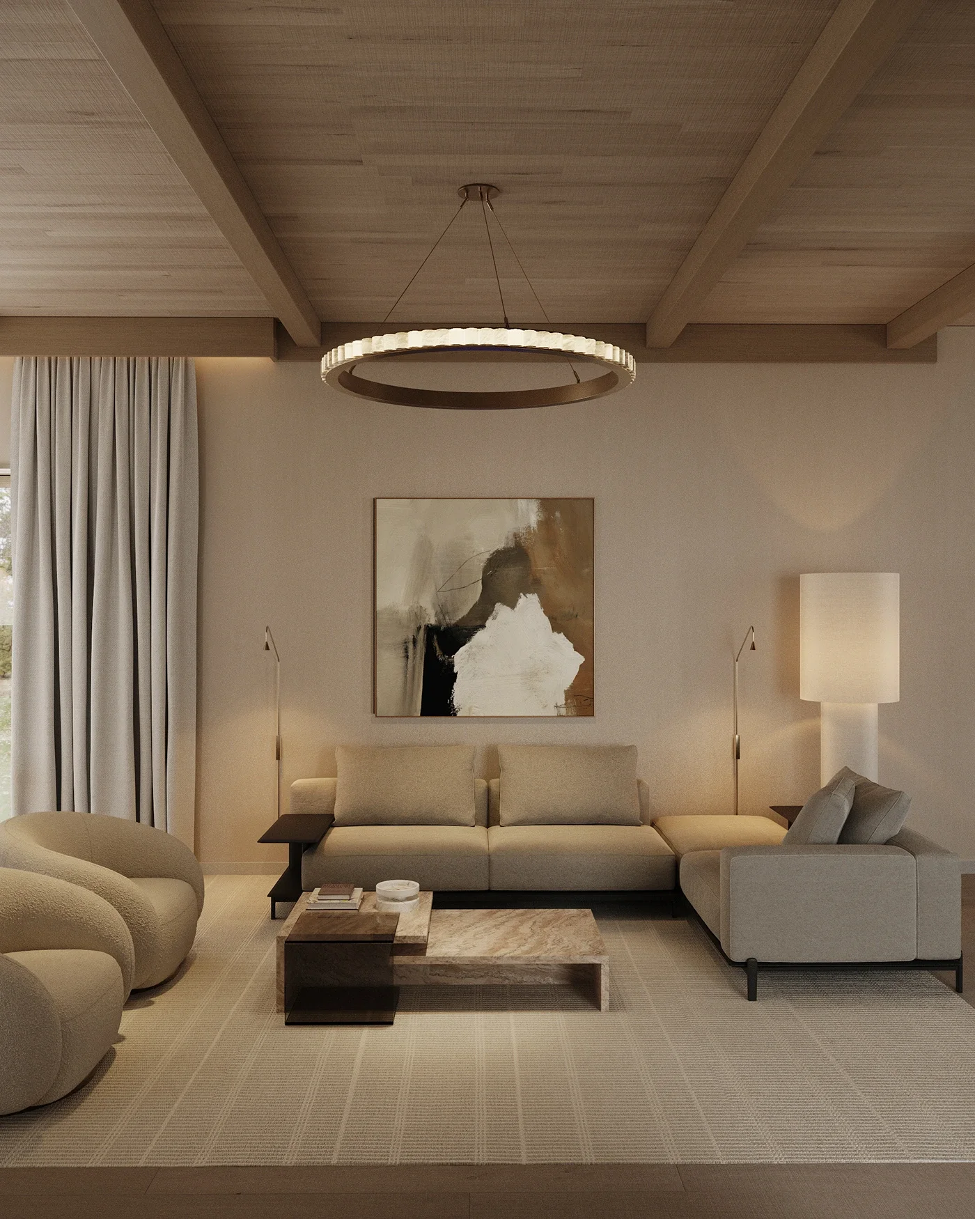 Design interior minimalist pentru living cu accente contemporane și materiale naturale.