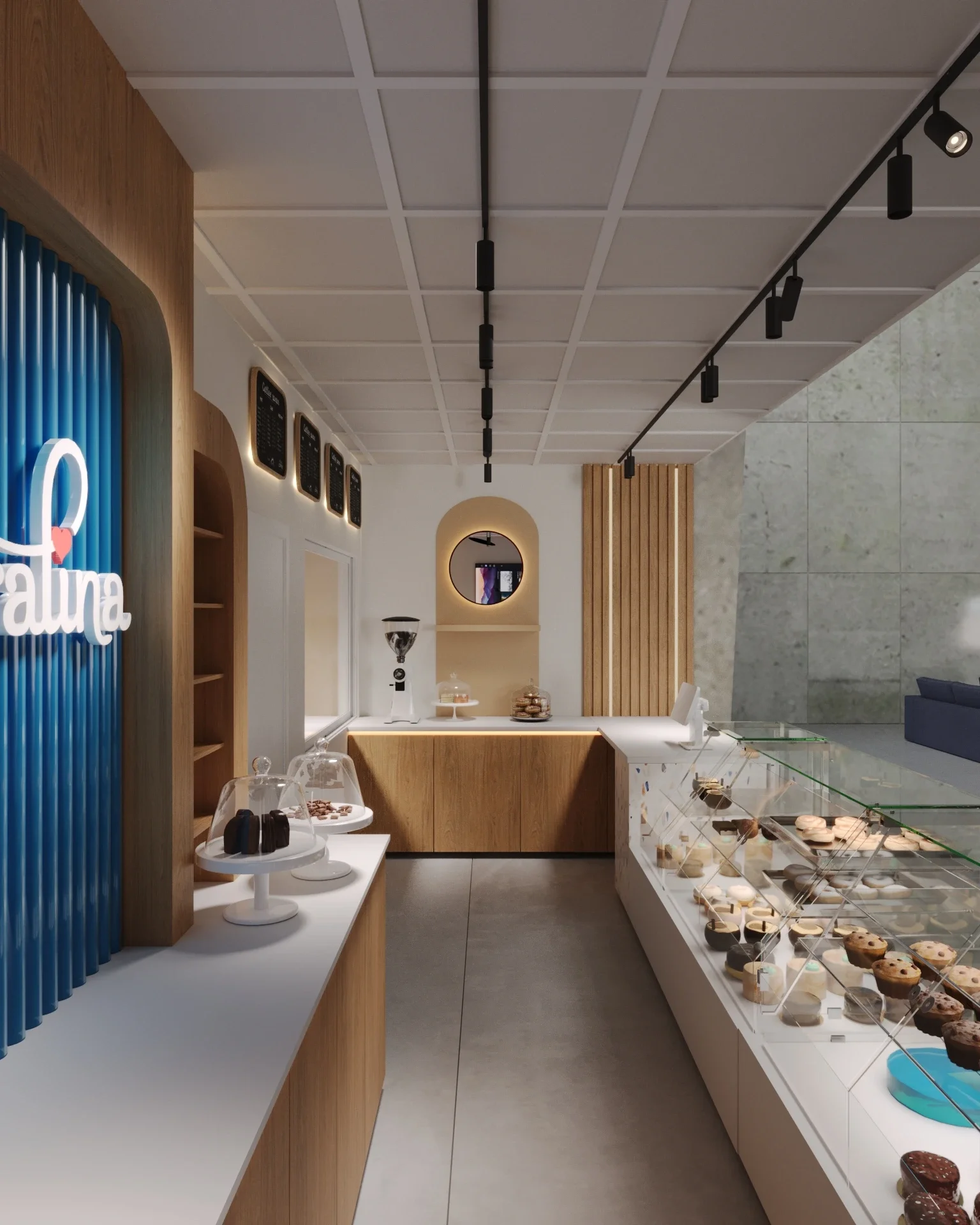 Design interior comercial pentru o cofetărie elegantă cu influențe moderne și paletă cromatică neutră — The Praline