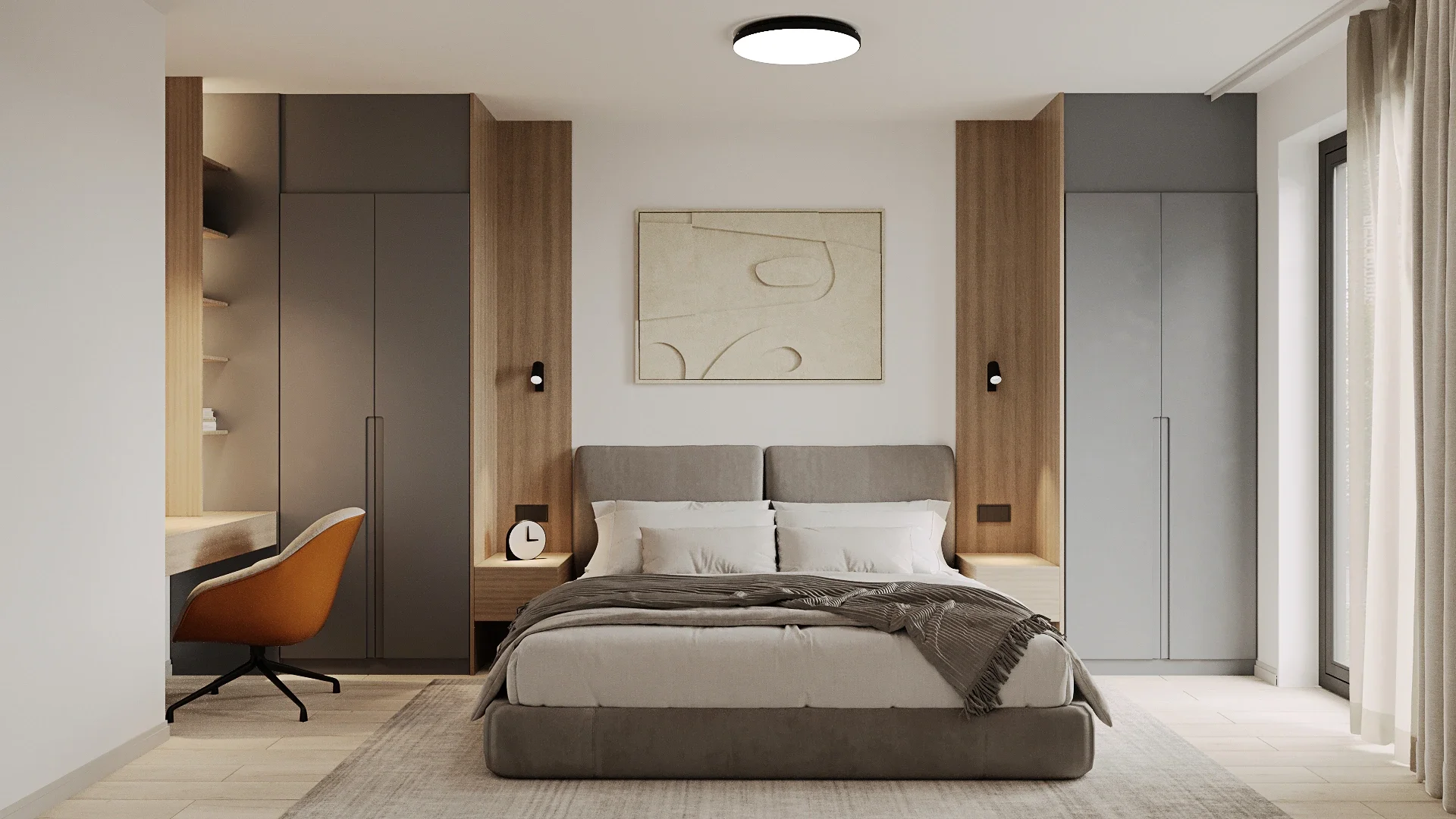 Dormitor contemporan cu placări din lemn și iluminat ambiental indirect — Apartament R. realizat de ALTO Design