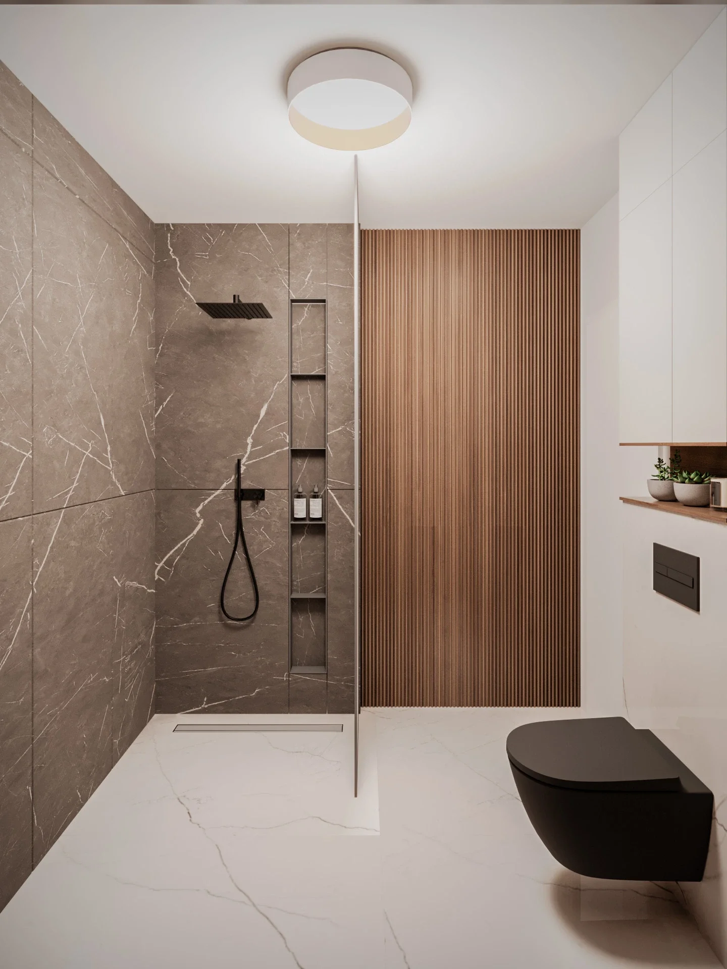 Design interior pentru baie urbană cu mobilier integrat și estetică minimalistă