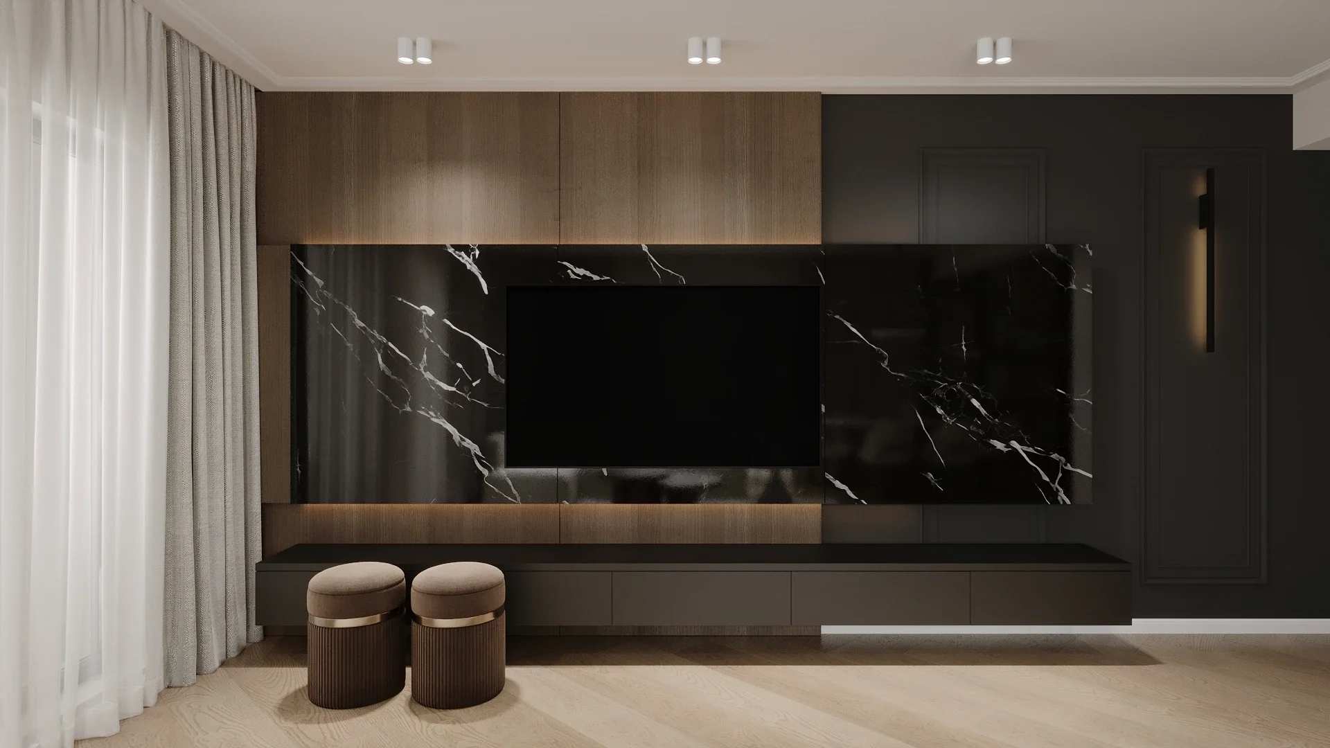 Design interior Cluj pentru living familial cu perete TV din marmură neagră și accente din lemn — proiect ALTO Design