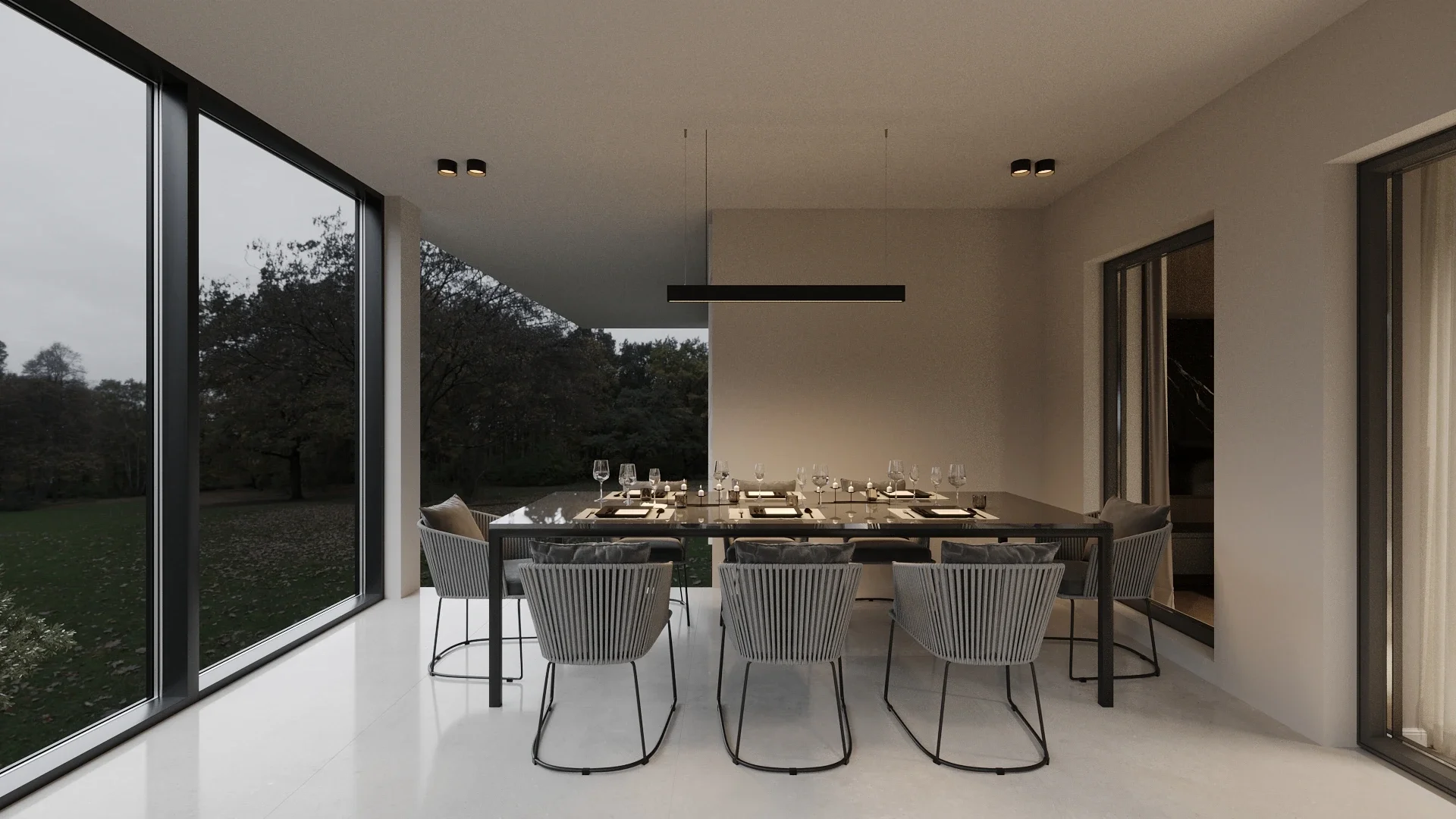 Zonă de dining exterior cu iluminat ambiental pe terasă — proiect de design interior Cluj-Napoca

