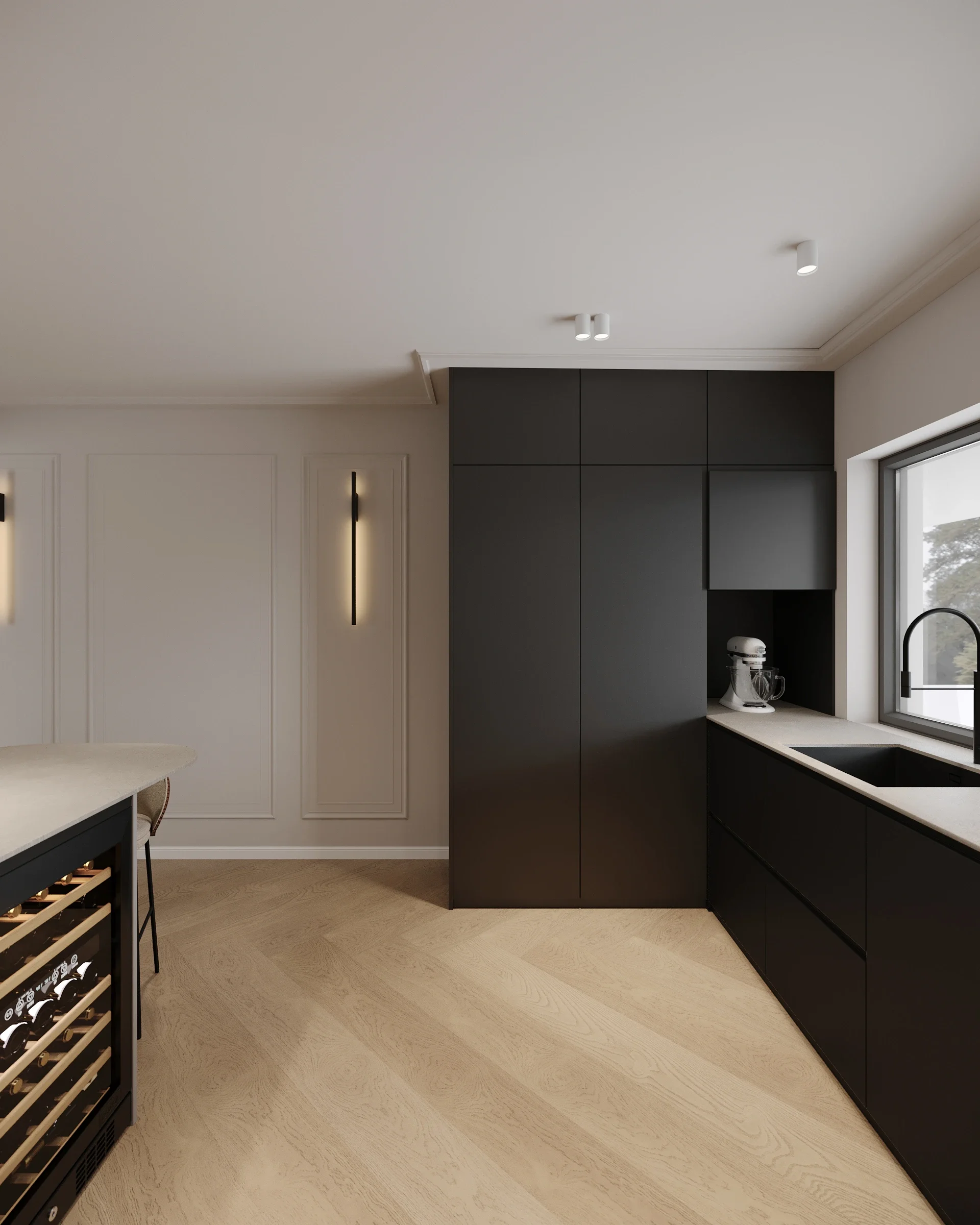Corpuri electrocasnice ascunse într-o bucătărie modernă amenajată de designeri de interior din Cluj