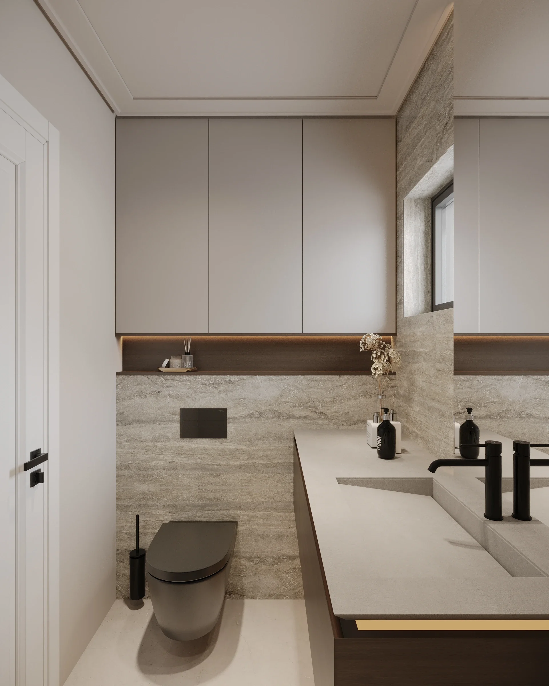 Mobilier suspendat într-o baie contemporană amenajată de designeri de interior din Cluj