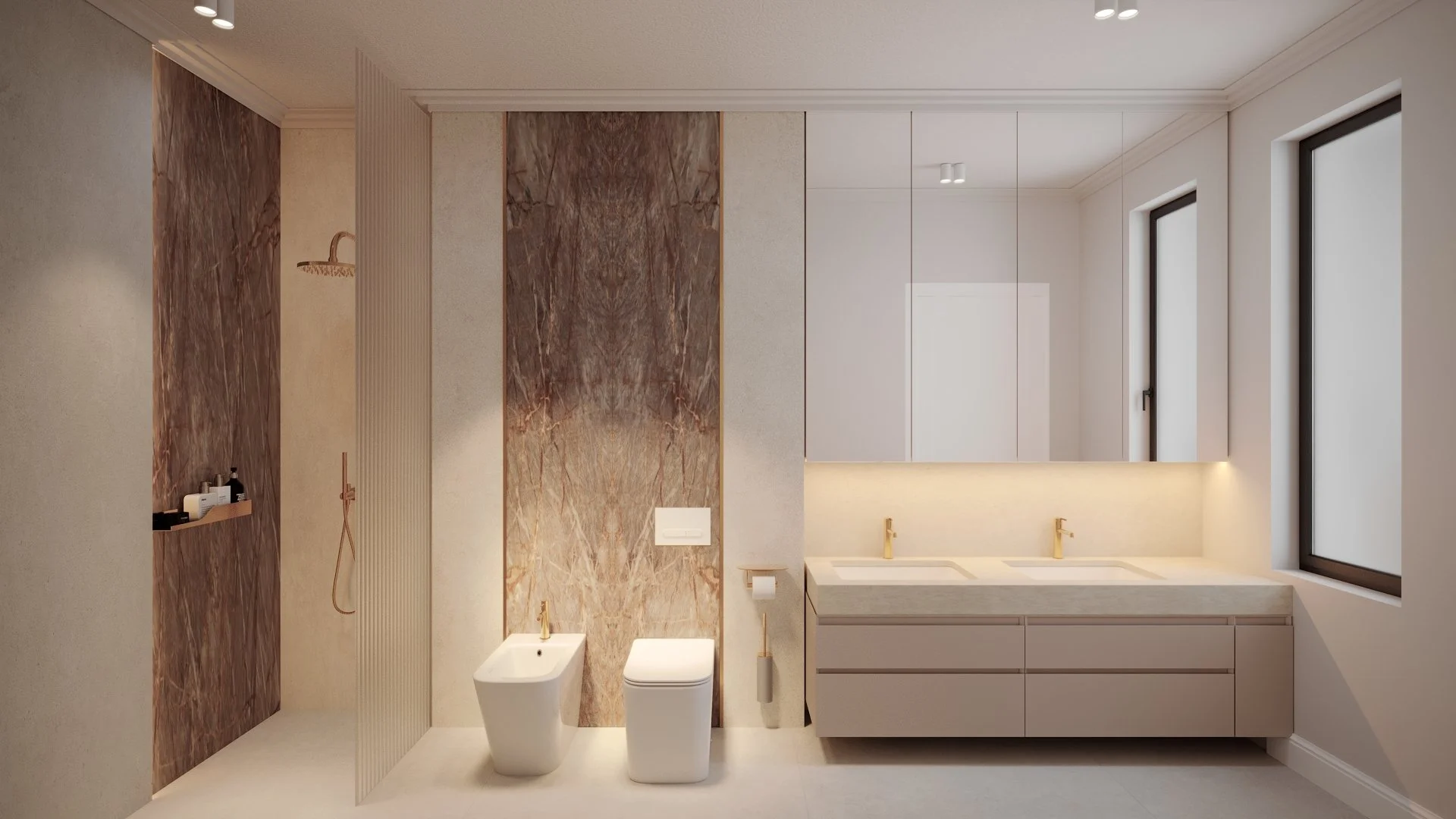 Baie master casă contemporană cu marmură și cada liberă — 150mp Dej, ALTO Design
