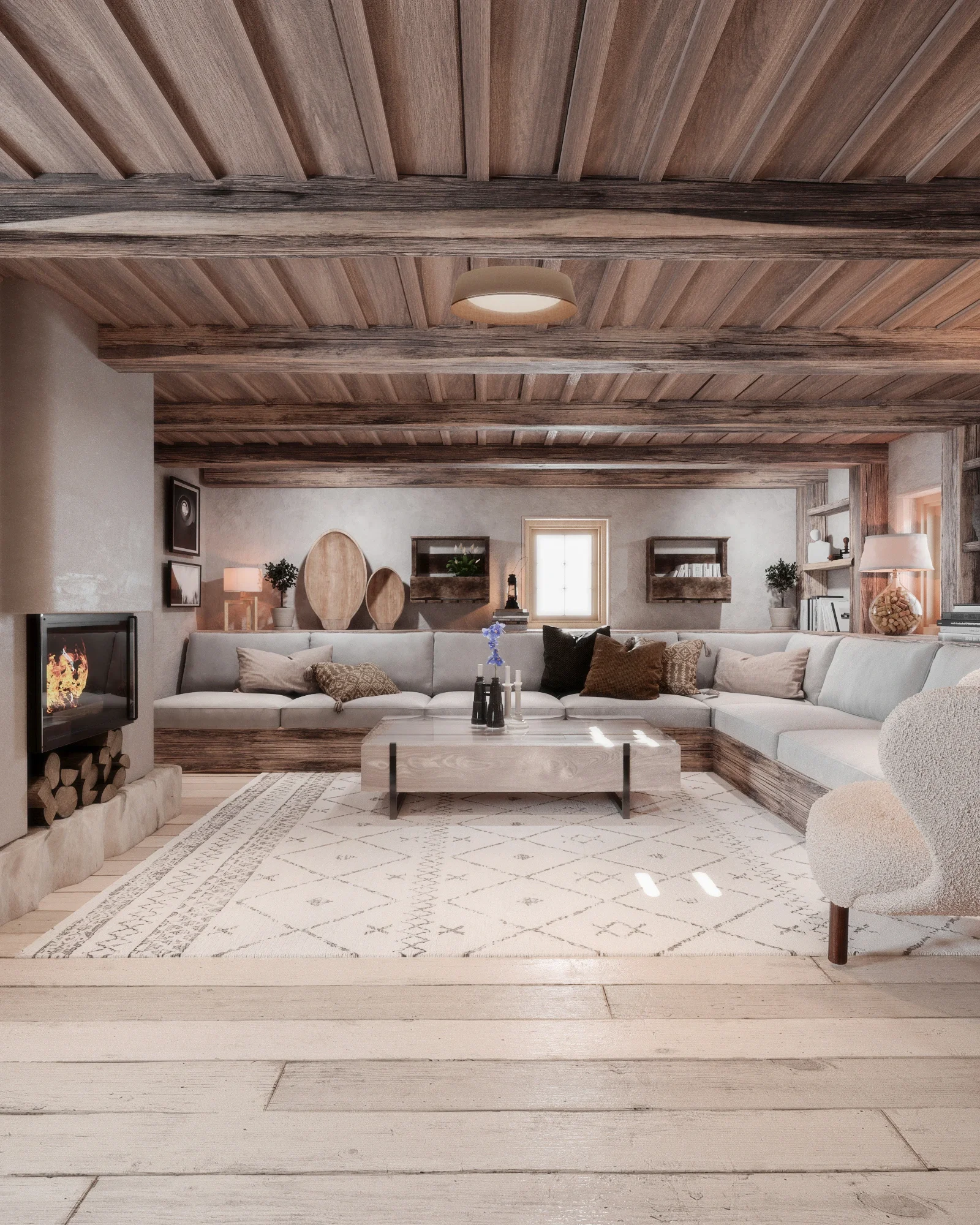 Design interior pentru casă tradițională din lemn, cu șemineu și living luminos în stil rustic contemporan