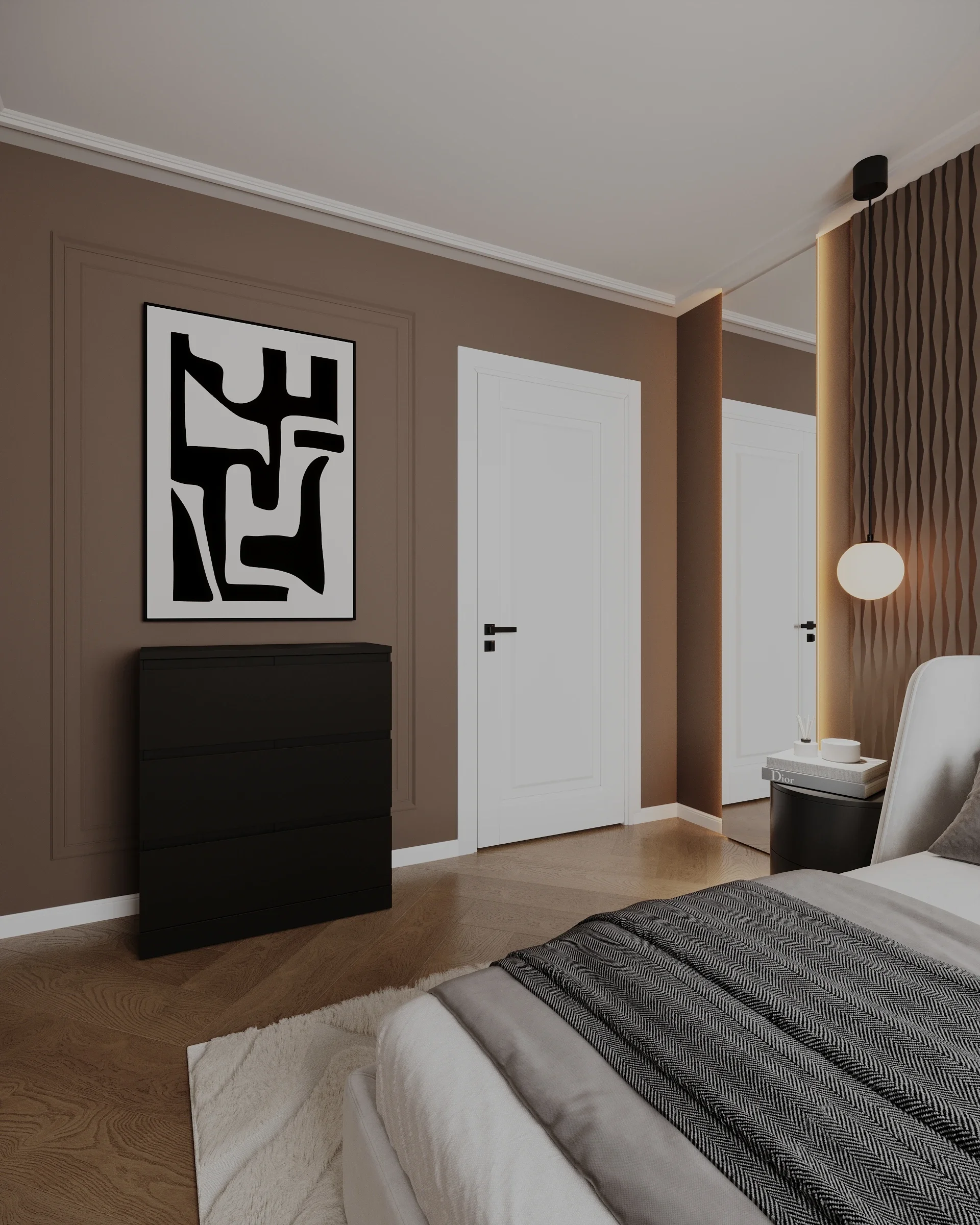 Design interior cluj - Dormitor copii cu tablou geometric și mobilier integrat — amenajare realizată de designeri de interior Cluj