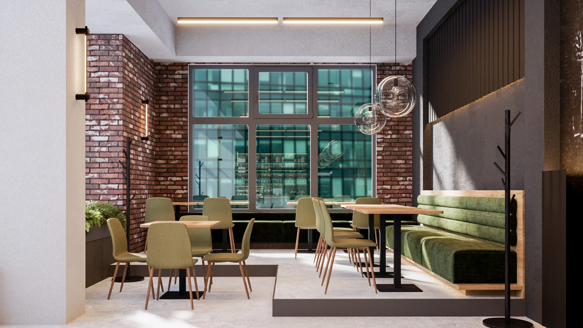 Amenajare bistro modern cu accente industriale și iluminat ambiental cald