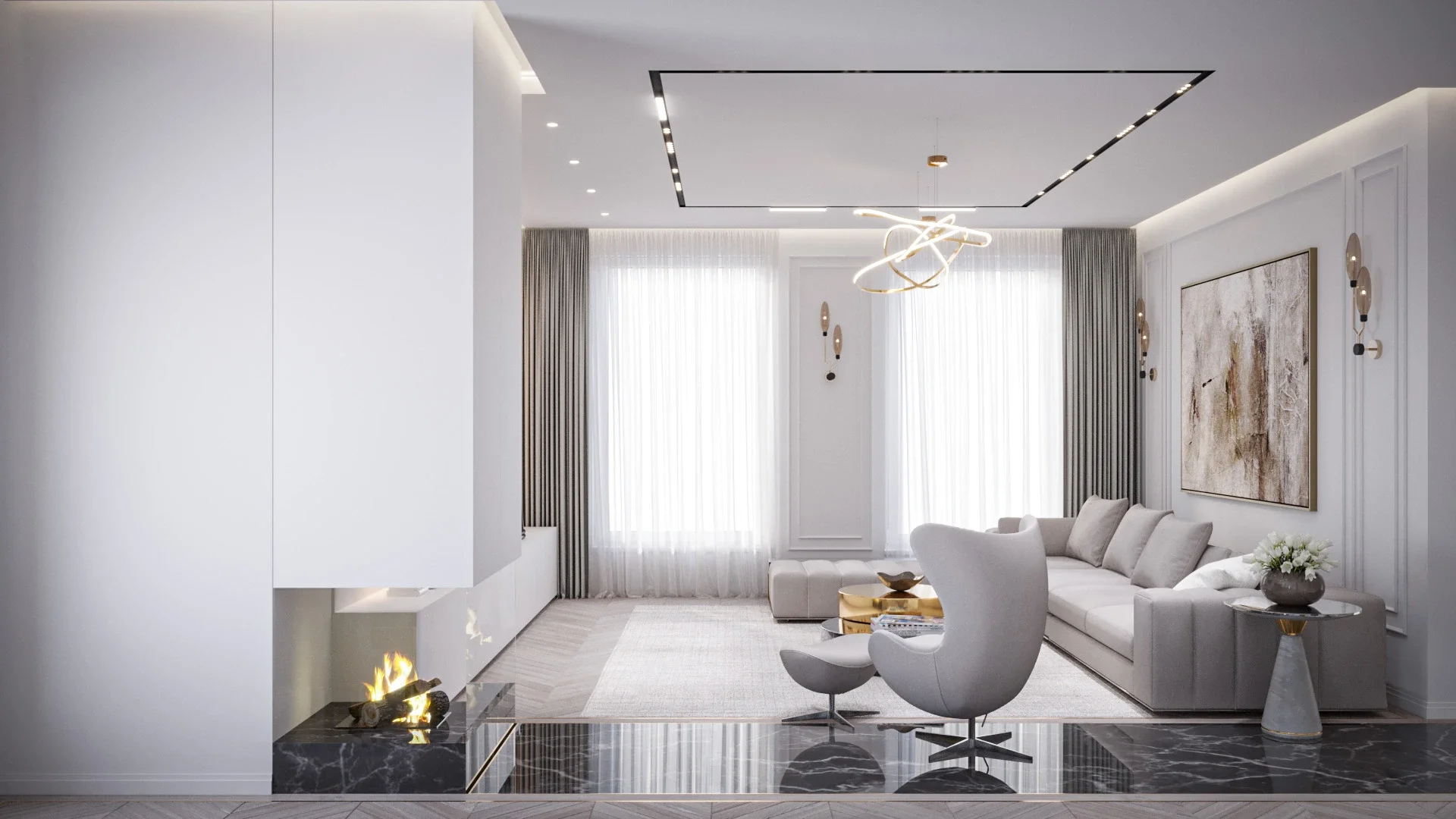 Design interior living neoclasic în Cluj cu șemineu modern și accente din marmură — Casa S.P.