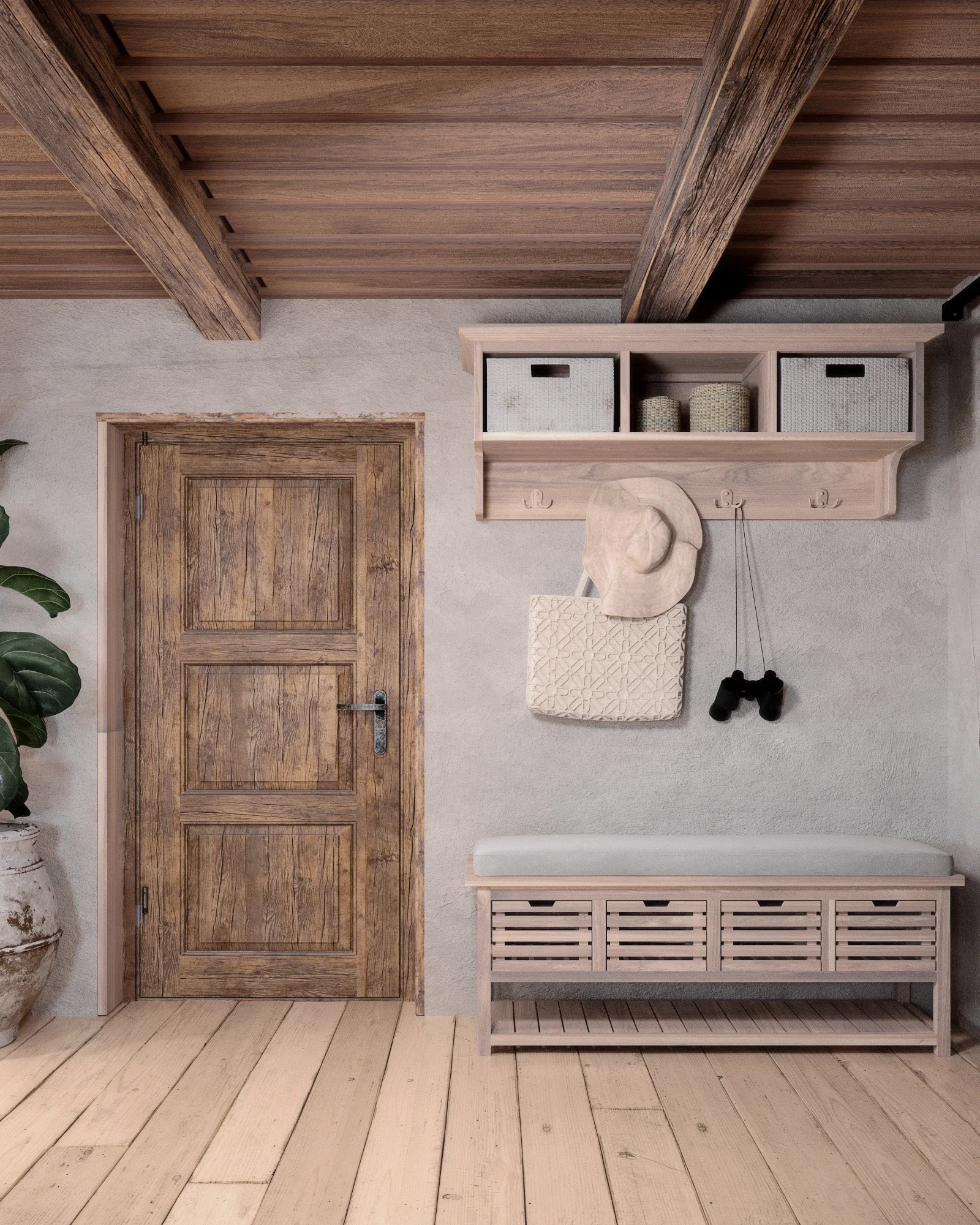 Design interior dormitor rustic autentic cu platformă din lemn și atmosferă tradițională reinterpretată