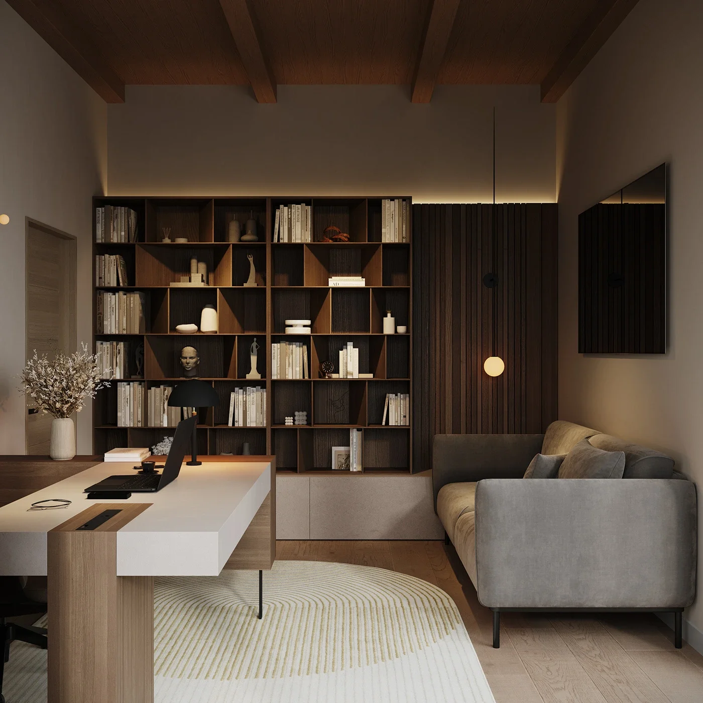 Design interior pentru Birou AB cu zonă de lucru, rafturi integrate și canapea — proiect ALTO Design