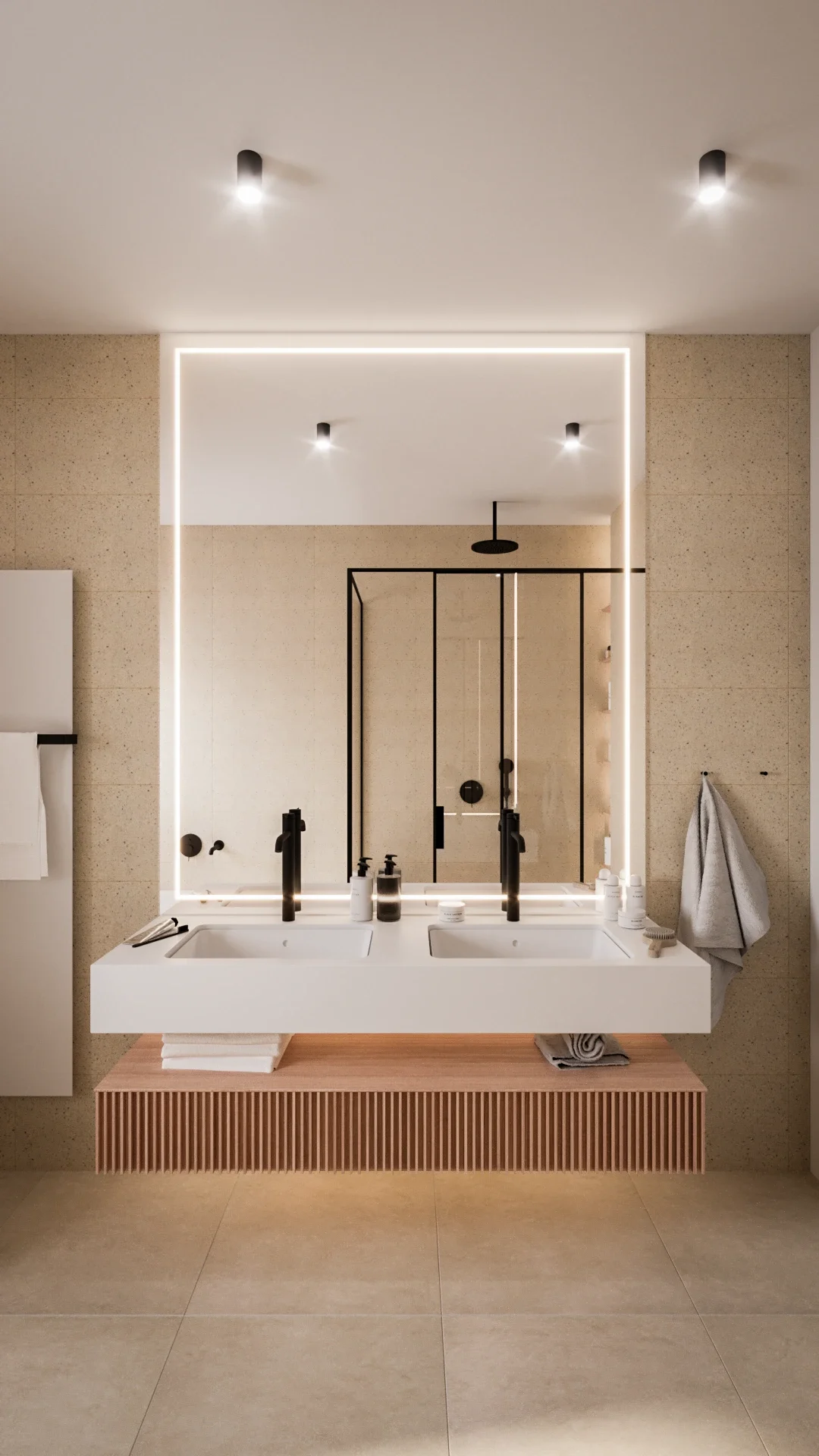 Design interior baie modernă cu lavoar dublu și iluminat ambiental elegant
