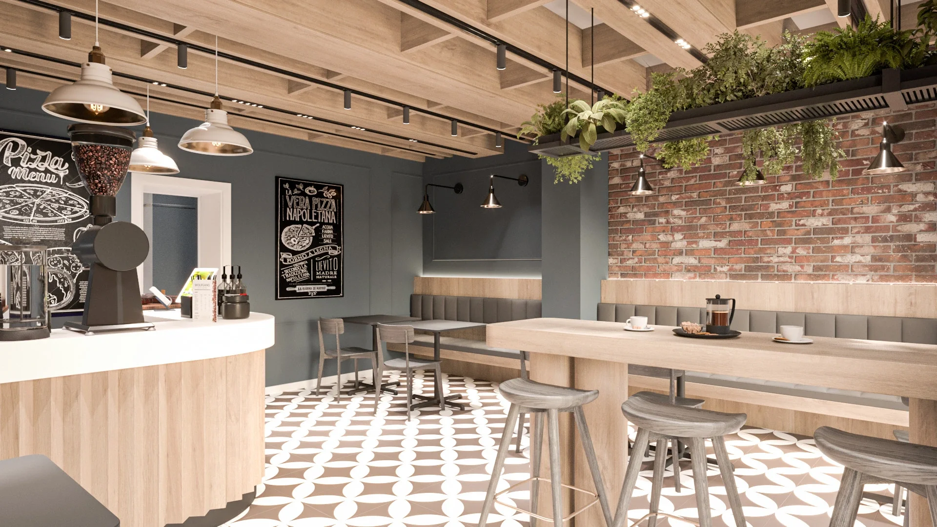 Design interior comercial pentru restaurant cu influențe mediteraneene și accente contemporane