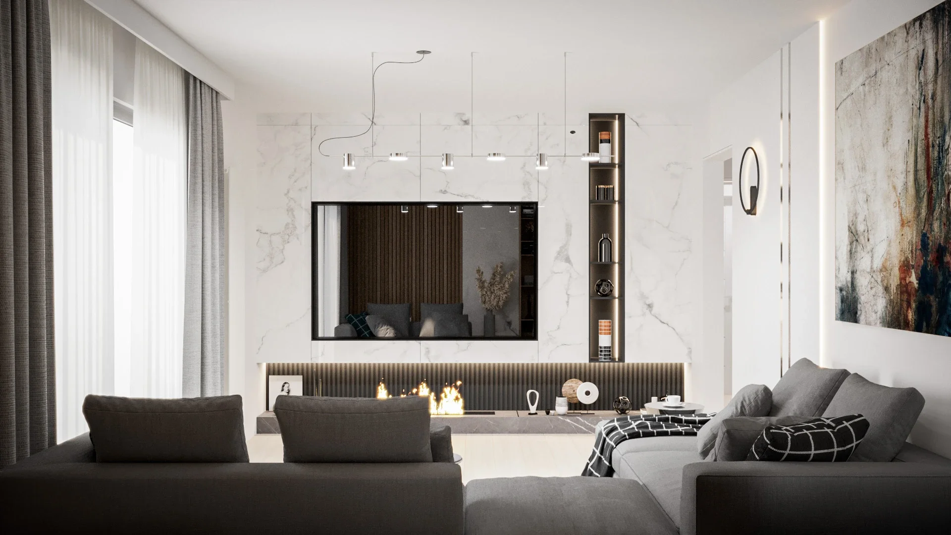 Baie elegantă cu accente din piatră naturală și atmosferă calmă contemporană