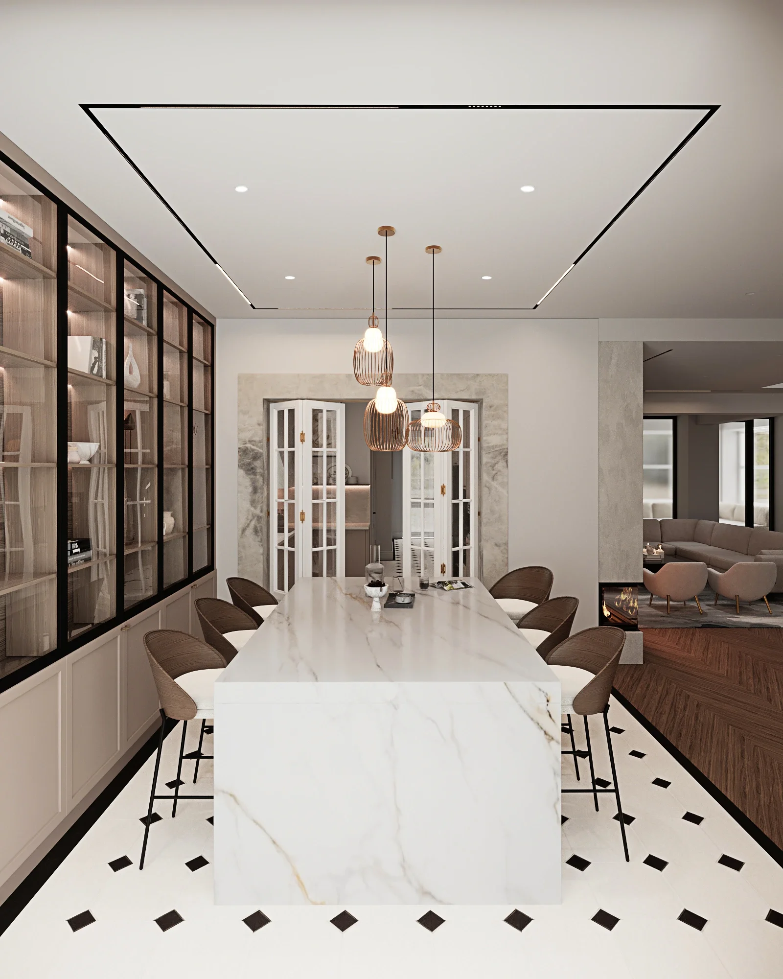 Design interior dining cu masă din marmură și vitrină iluminată, amenajat de designeri de interior din Cluj