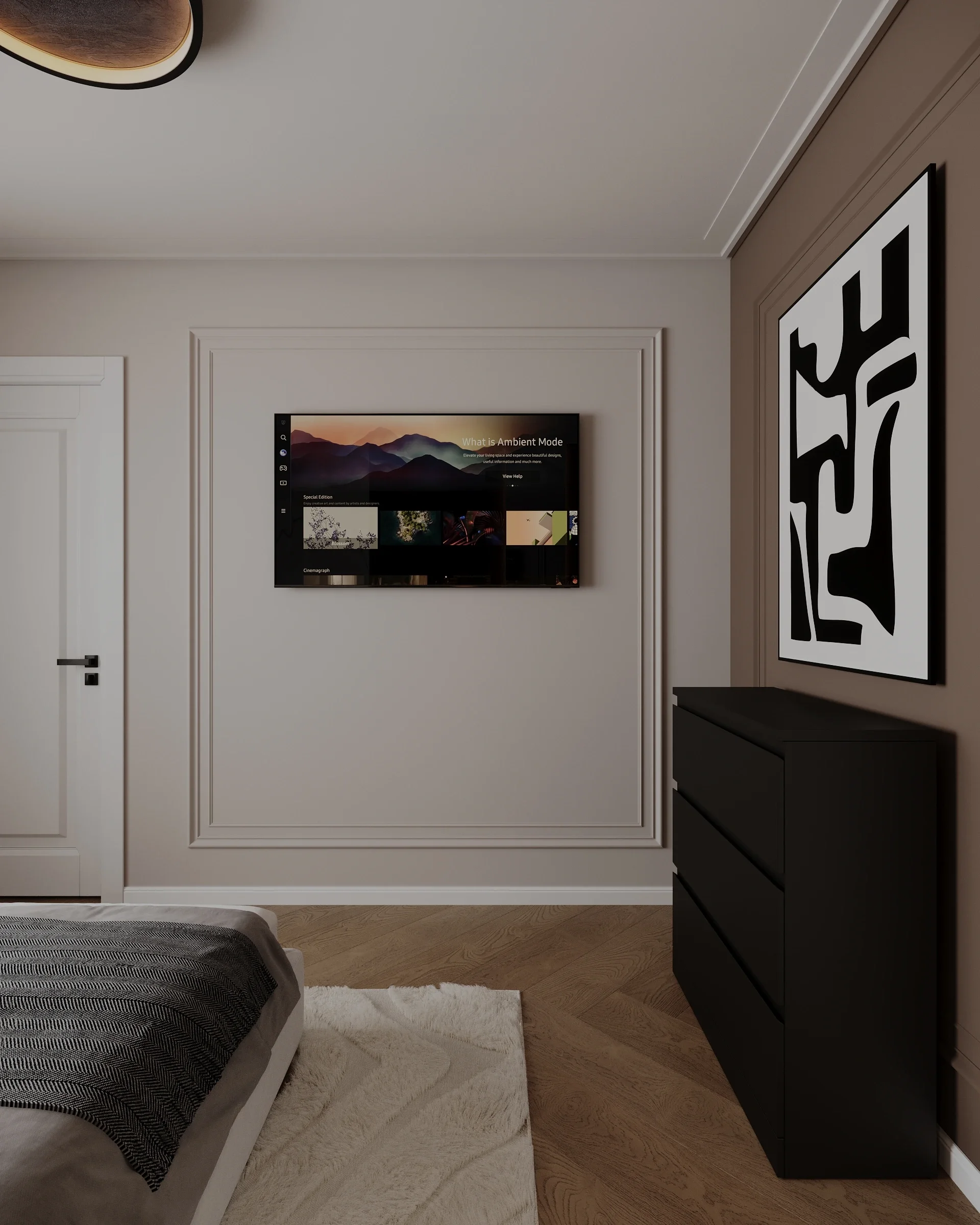Dormitor de oaspeți cu TV integrat și finisaje contemporane — proiect de design interior Cluj-Napoca