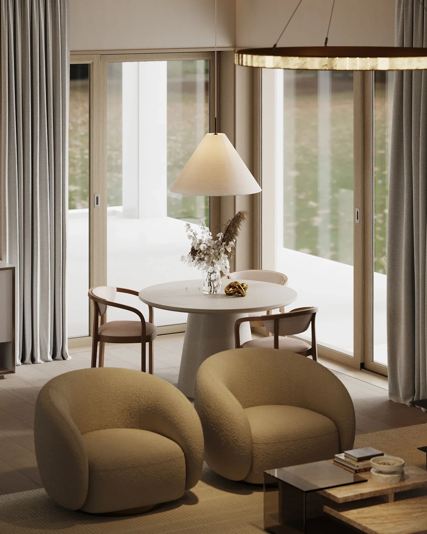 Design interior living modern cu fotolii sculpturale și atmosferă elegantă.