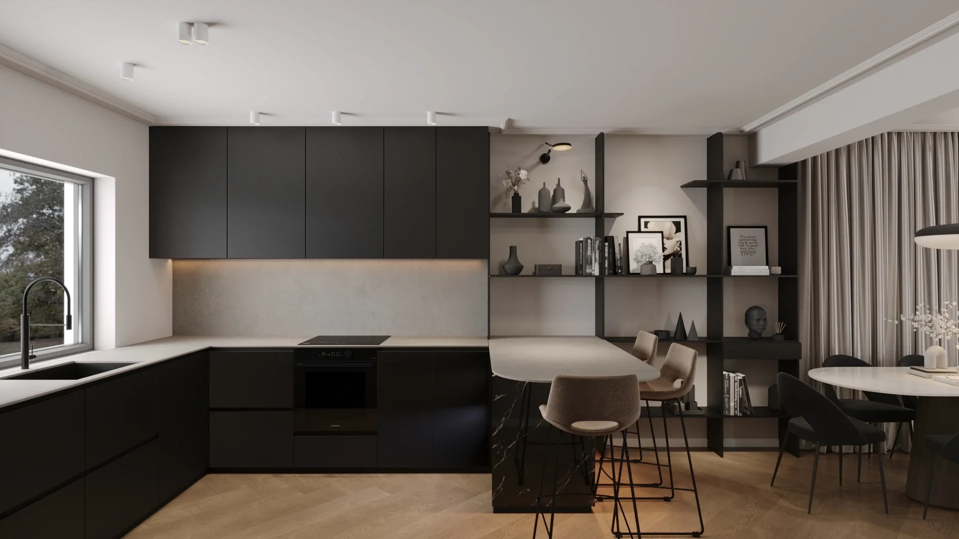 Bucătărie contemporană cu plan de lucru extins și finisaje moderne — design interior Cluj