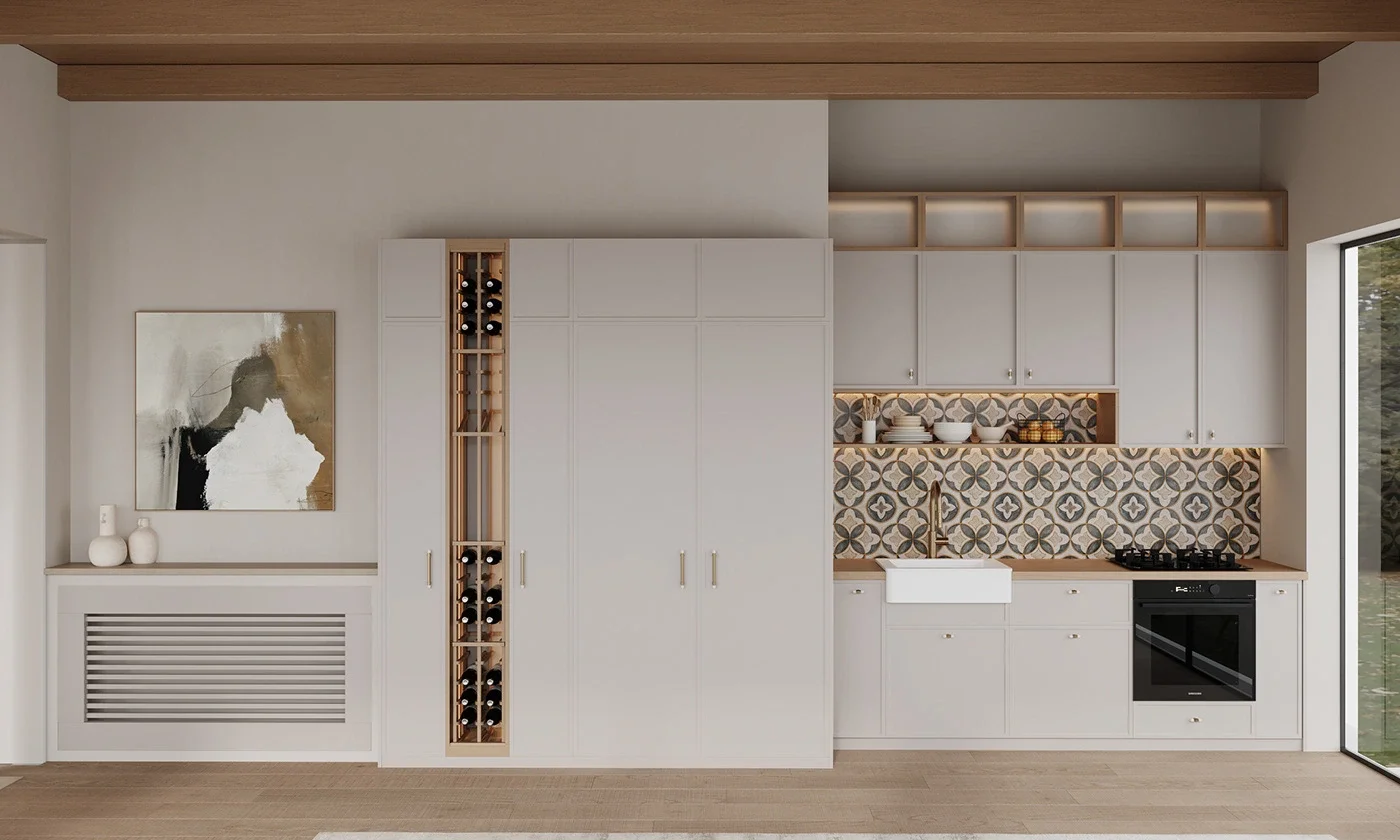 Design interior bucătărie modernă cu mobilier crem și backsplash ceramic decorativ.