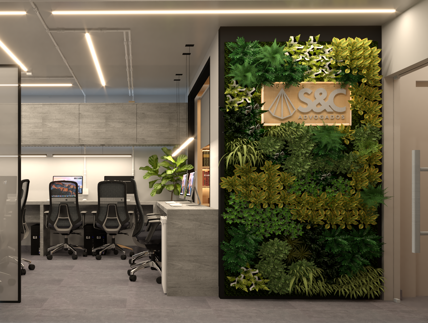 Uno spazio di lavoro contemporaneo per S&C Advogados, dove la funzionalità delle postazioni ergonomiche incontra il design della parete verde che accoglie il brand in versione luminosa. 