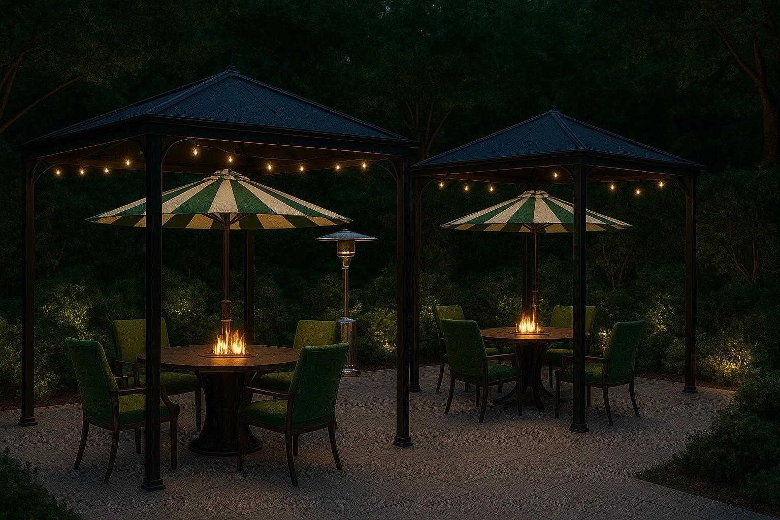Rendering notturno di un dehor con ombrelloni a righe, gazebo illuminati e tavoli con bracieri integrati