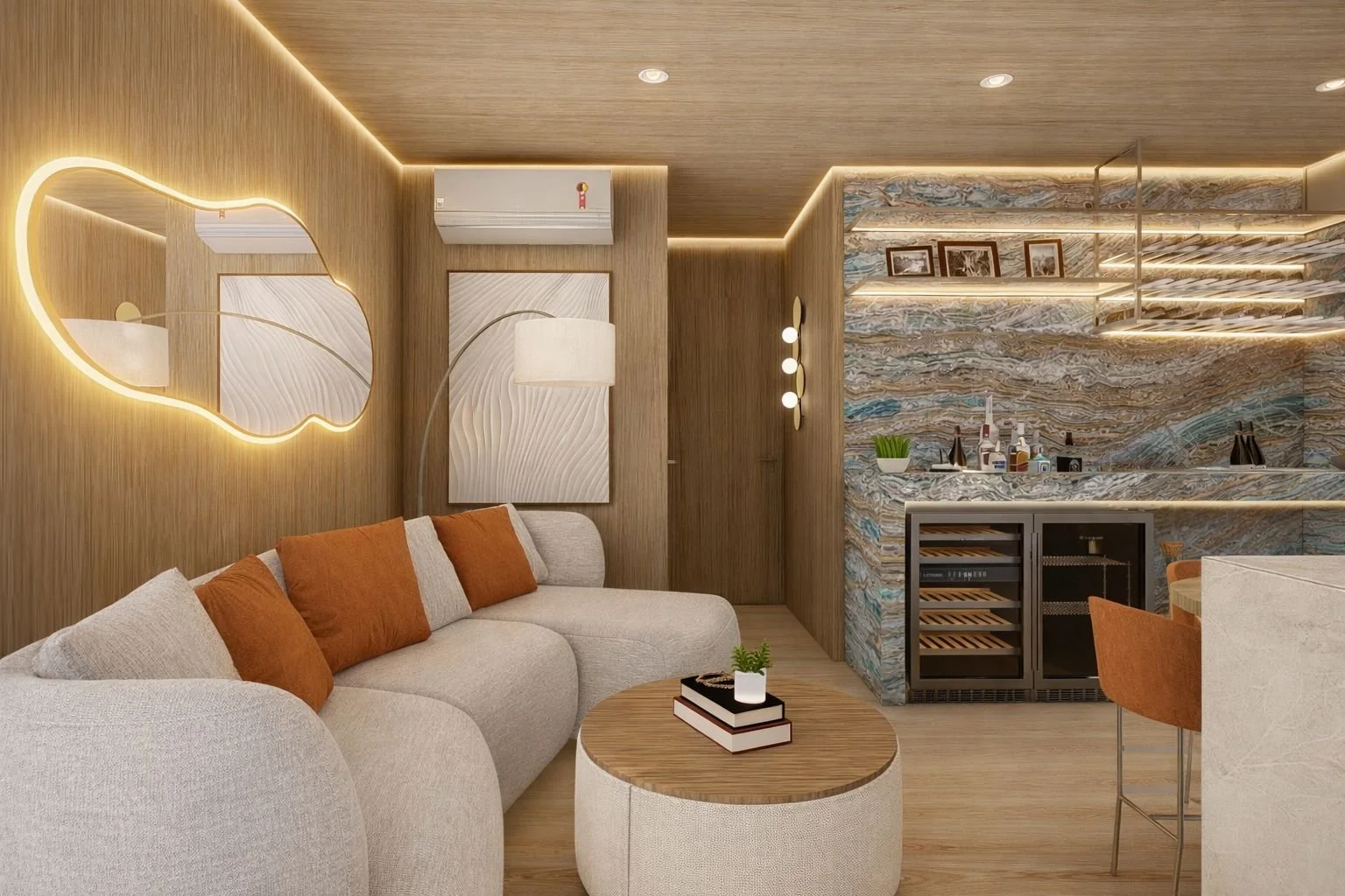 Zona living moderna con arredamento su misura, dettagli in legno e illuminazione LED integrata
