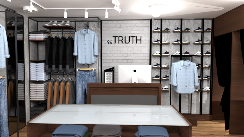 Stile industriale: area cassa valorizzata con il logo sulla parete in mattoni grigi a vista.