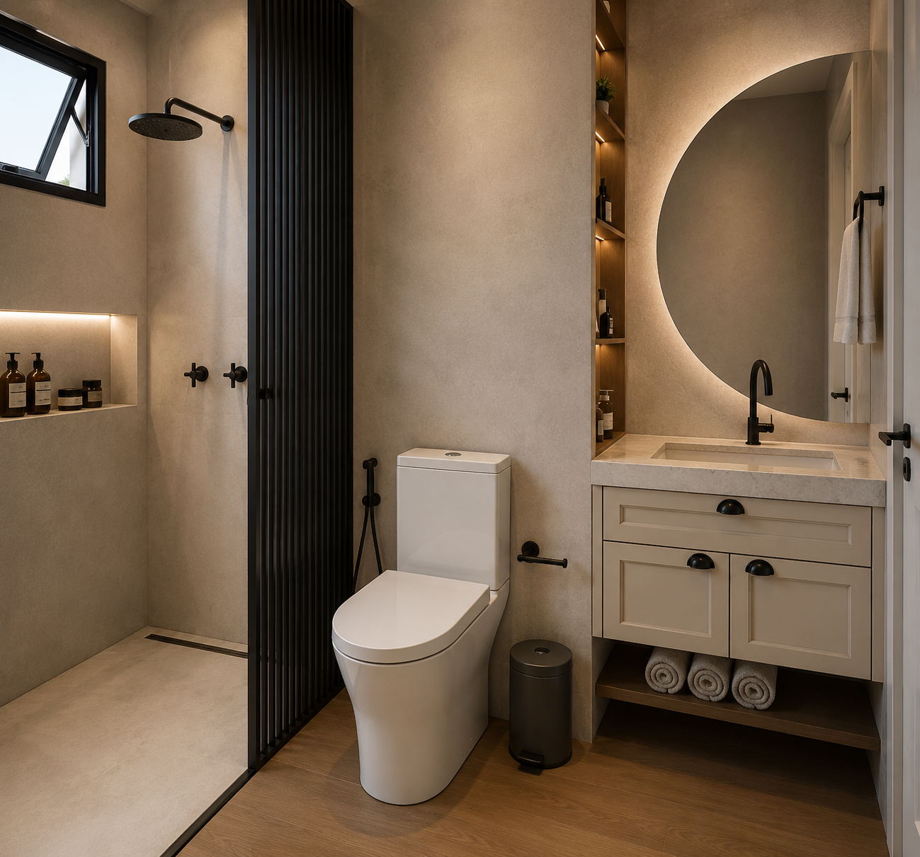 La parete WC è progettata come parte integrante dell’architettura del bagno, con nicchie laterali che accompagnano visivamente la zona lavabo. Le soluzioni integrate mantengono ordine e continuità, aggiungendo profondità e funzionalità alla composizi