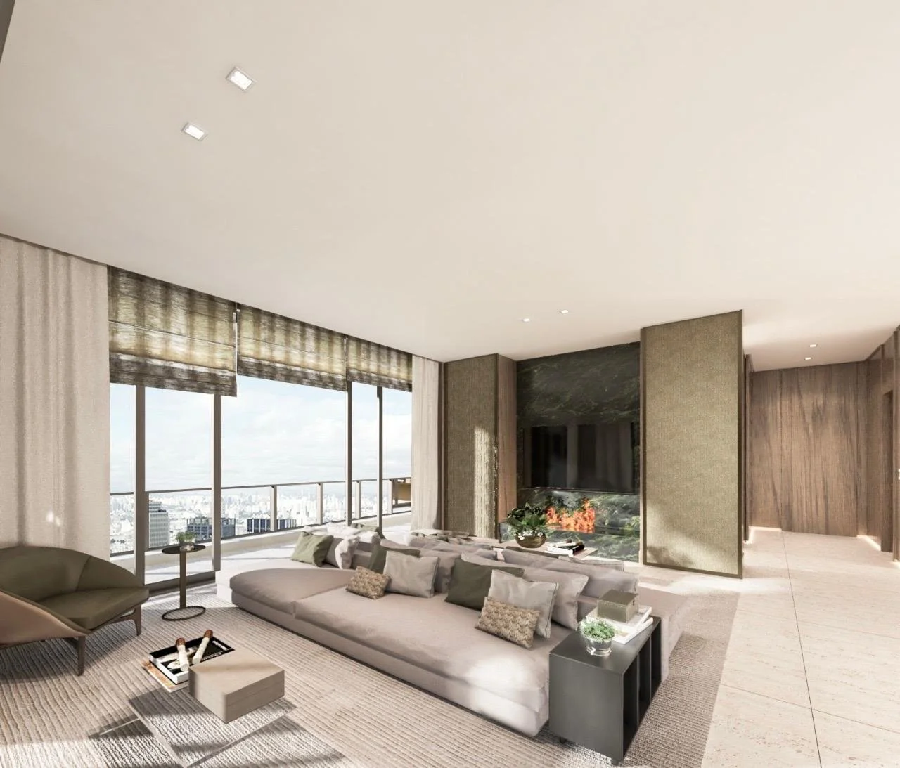 Zona living su due ambienti: uno dedicato alla convivialità e all’interazione, e uno TV con camino a legna in marmo. Pannello TV con porte scorrevoli a scomparsa, per nascondere lo schermo e creare un ambiente alternativo.