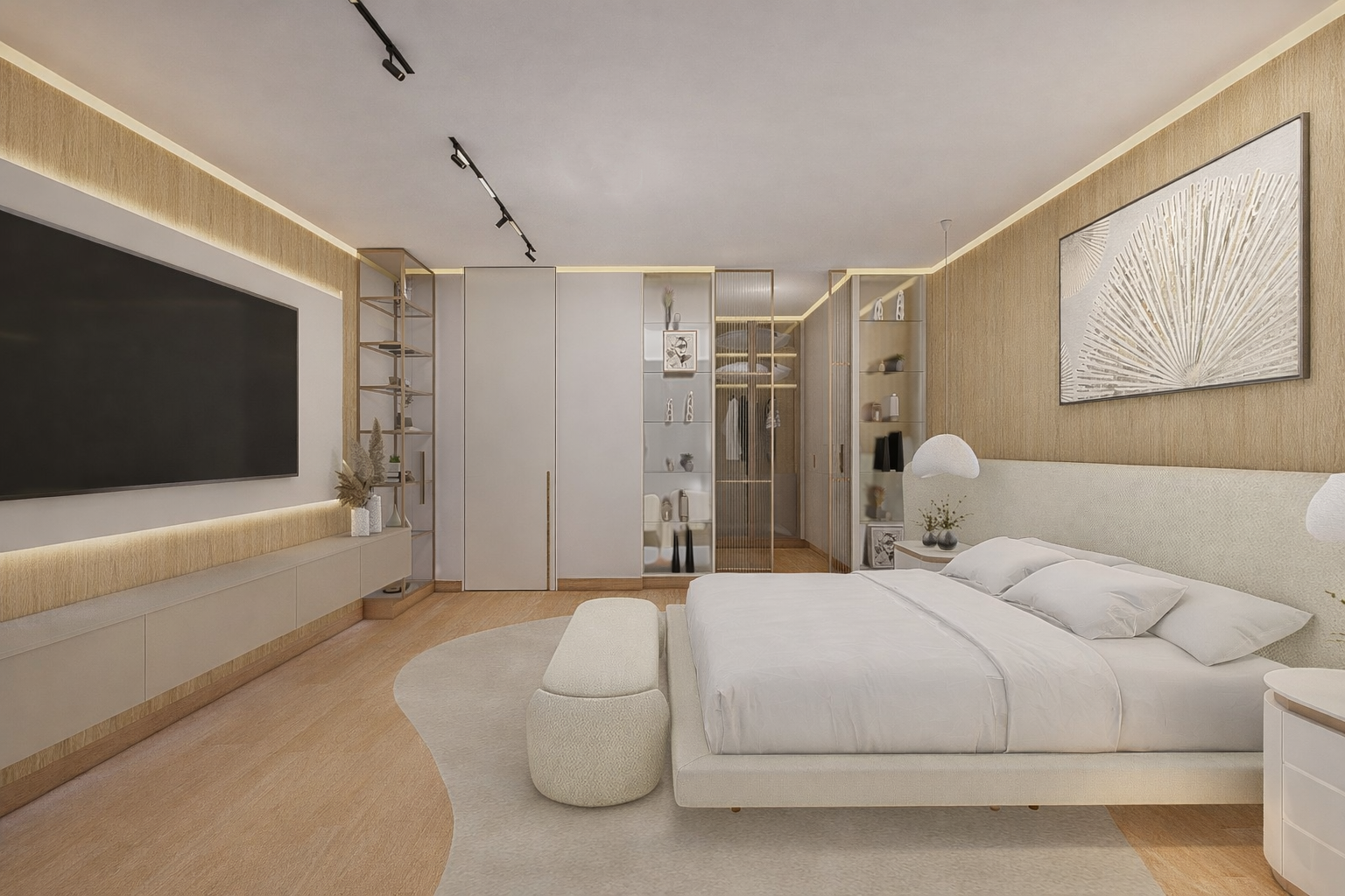 Camera matrimoniale moderna con design organico, linee morbide e materiali naturali per un’atmosfera accogliente.