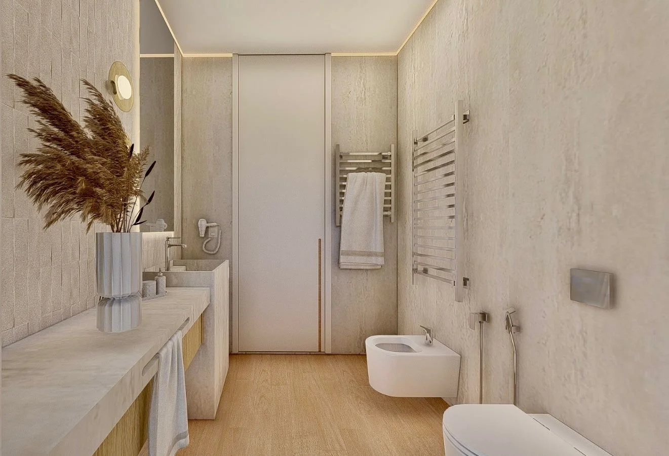 Bagno moderno con bidet, wc, doccia con pareti di vetro e asciugamani, pareti beige e pavimento chiaro.