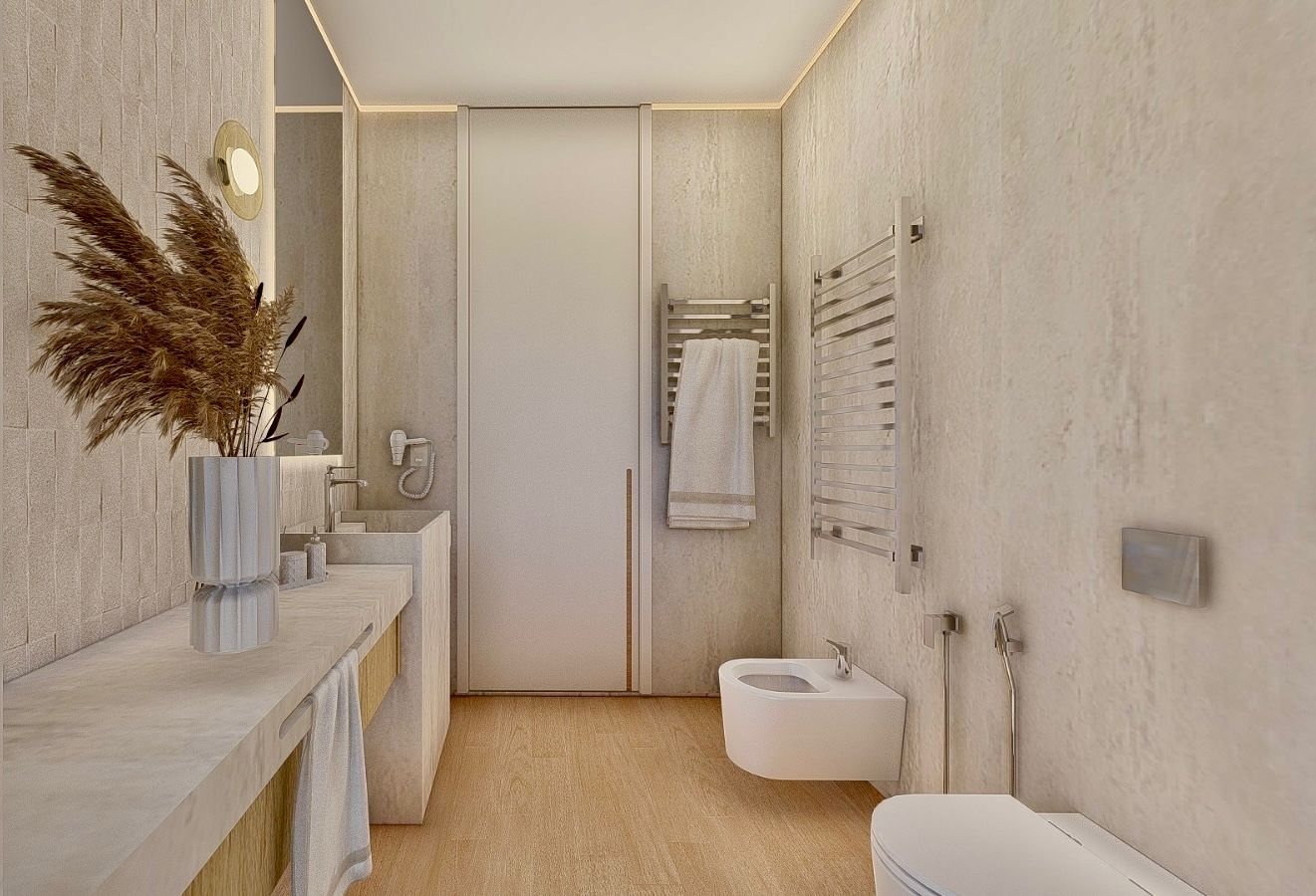 Bagno moderno con bidet, wc, doccia con pareti di vetro e asciugamani, pareti beige e pavimento chiaro.