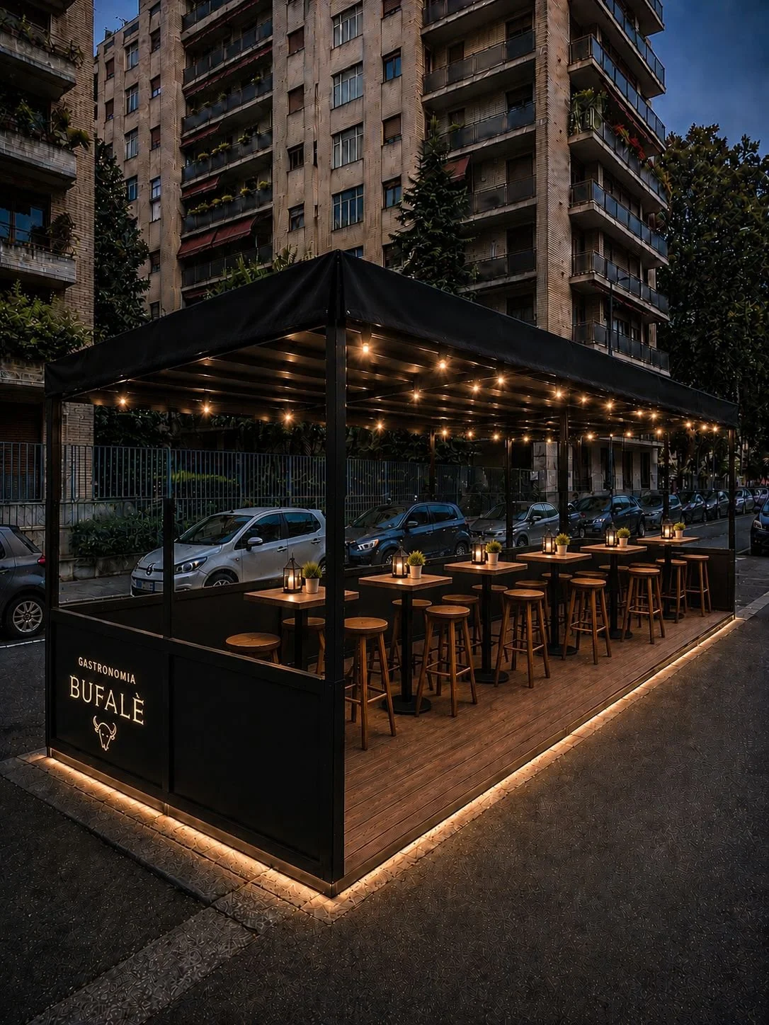 Dehors di gastronomia a Milano con struttura nera, pavimento e tavoli in legno, sedute alte e illuminazione calda per uno spazio commerciale accogliente.