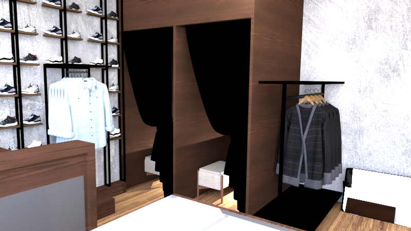 Un angolo prova curato nei dettagli: struttura in legno scuro artigianale e tenda nera per la massima privacy.